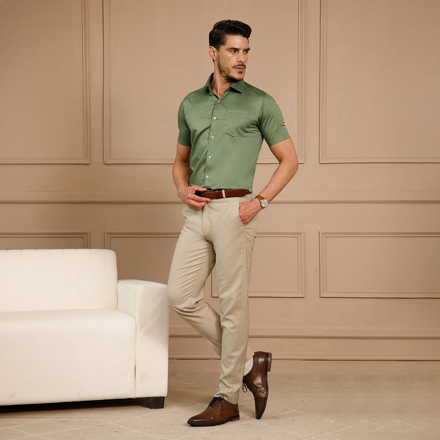 Ashley Half Sleeves Giza Cotton Shirt In Grass Green