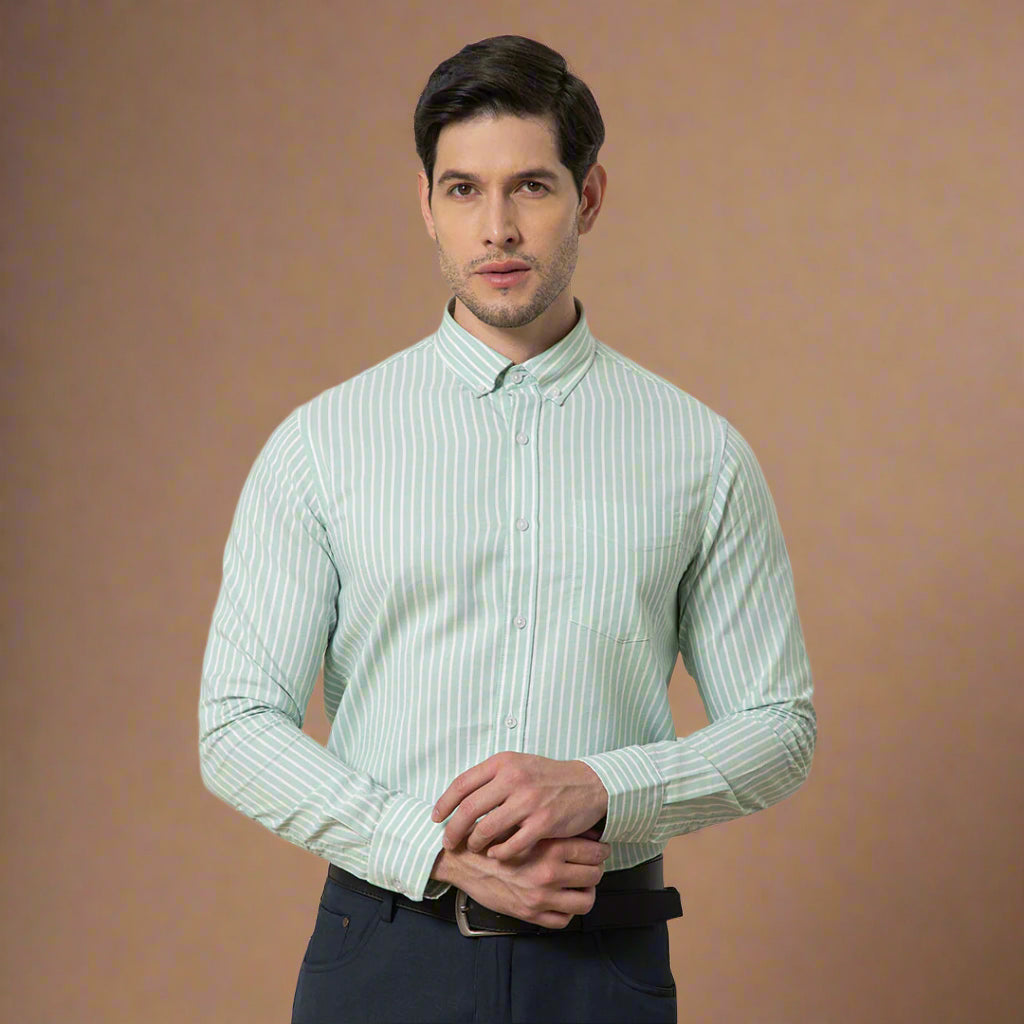 Regal Oxford Stripe Shirt In Sage Regal Oxford Shirt styled by TFC
