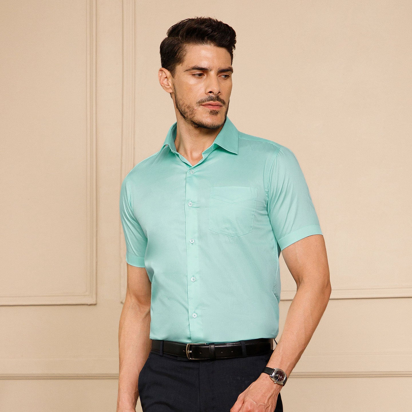 Ashley Half Sleeves Giza Cotton Shirt In Fresh Aqua