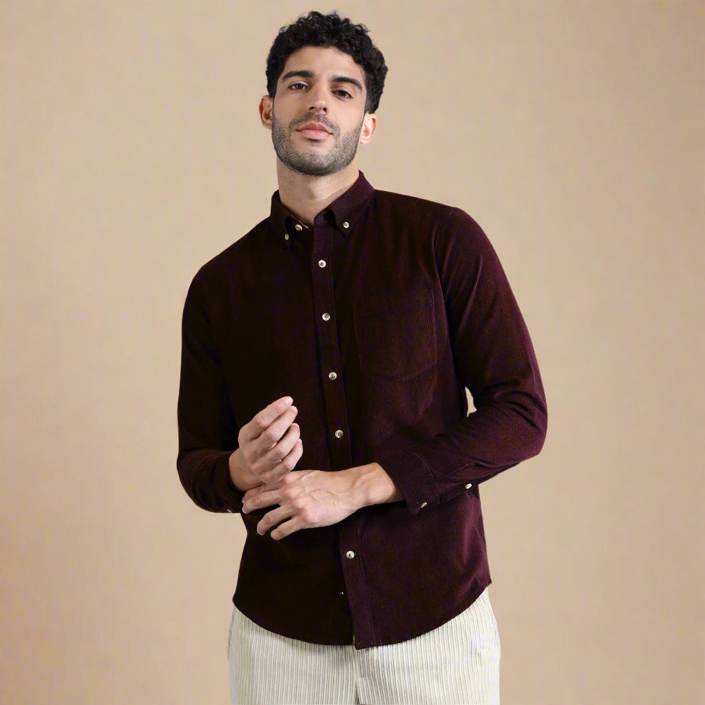 Cruise Corduroy Shirt In Wineberry Model Wearing Cruise Corduroy Shirt by TFC