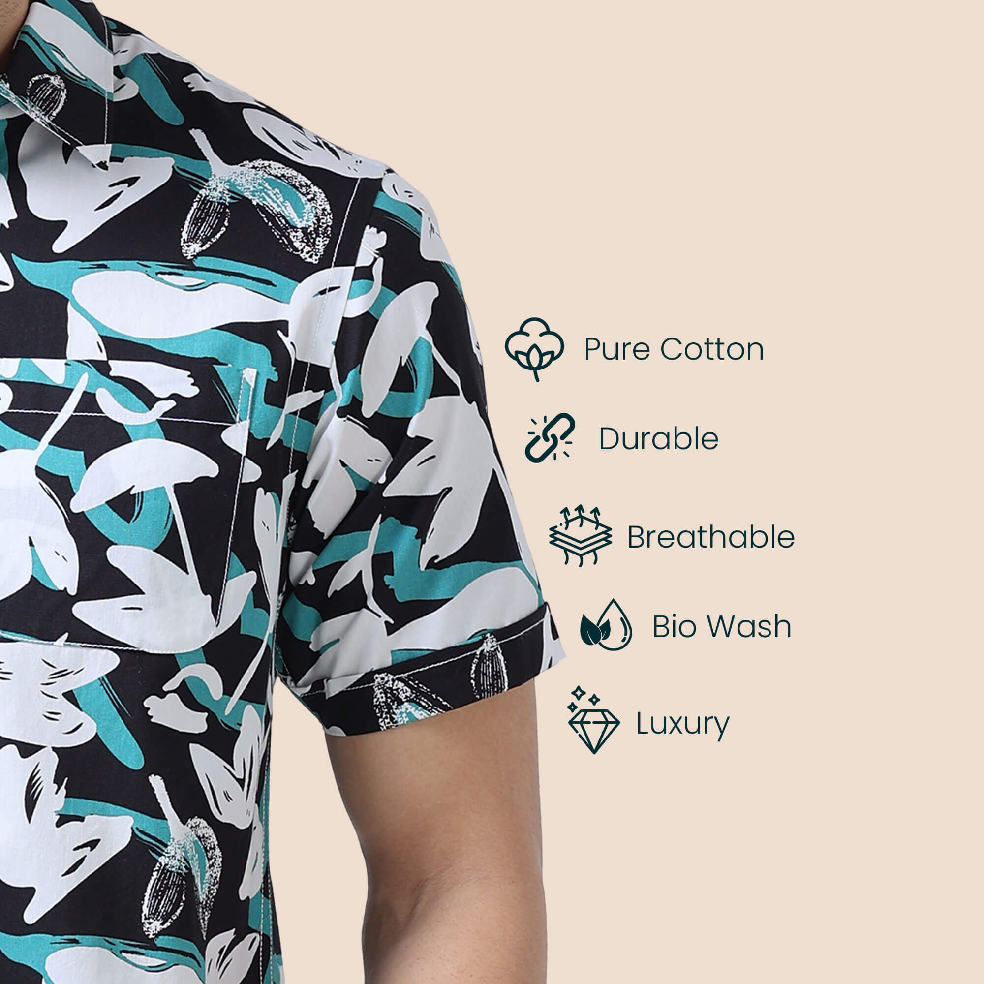 Ashley Cotton Half Sleeves Shirt In Teal / Black Abstract Print Half sleeves cotton shirt for men by TFC