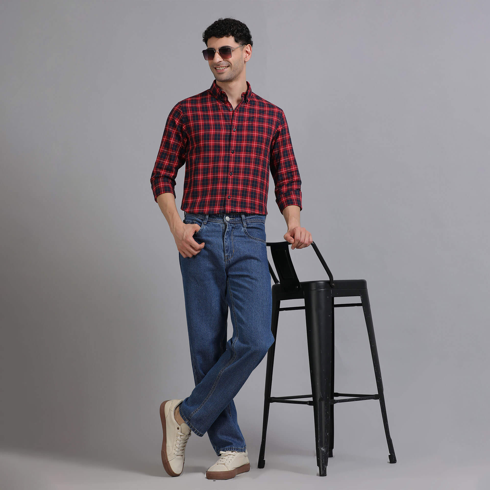 Marco Checks Shirt In Navy & Red Marco Check Shirt fabric showing twill weave by TFC