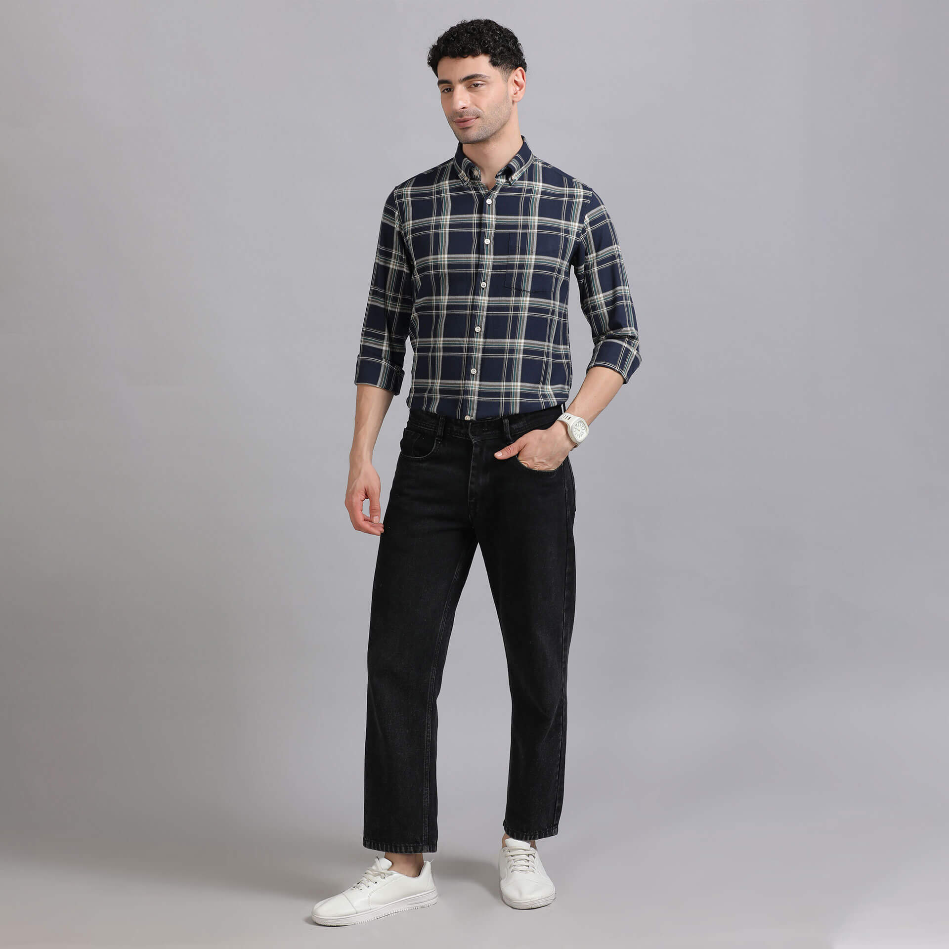 Marco Checks Shirt In Navy & Sage man wearing Marco Checks Shirt by TFC