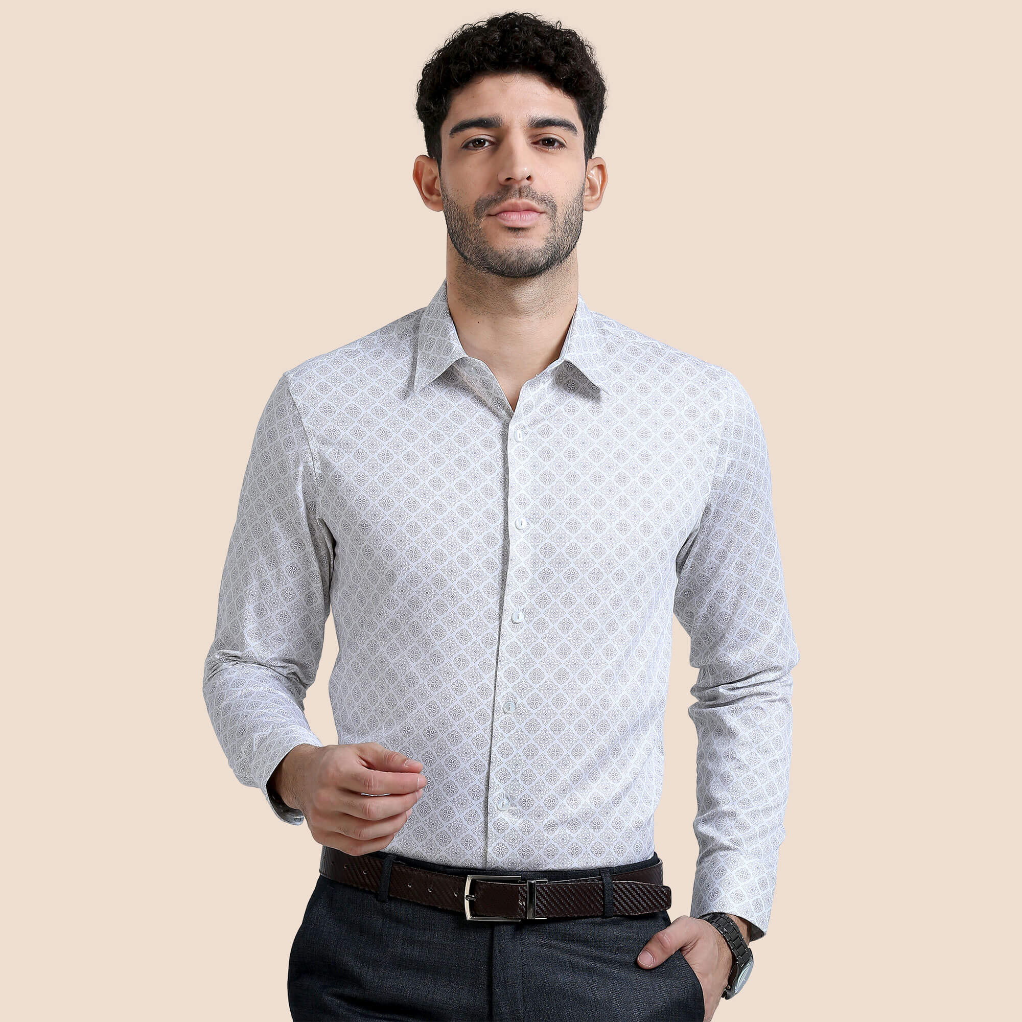 Serenity Giza Full Sleeves Shirt In Beige Damask Giza Full Sleeves Shirt For Men By TFC