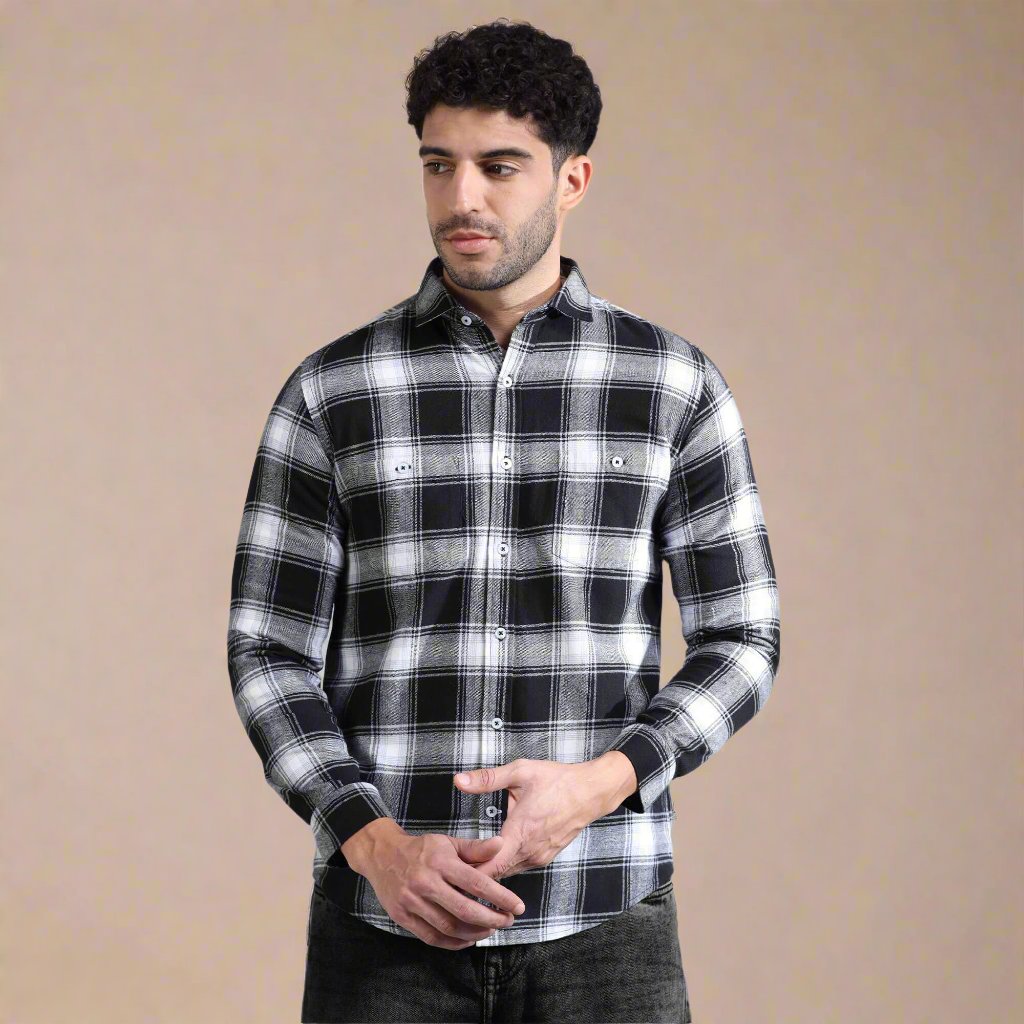 Lumber Flannel Check Shirt In Raven Black flannel check shirt buttoned up by TFC