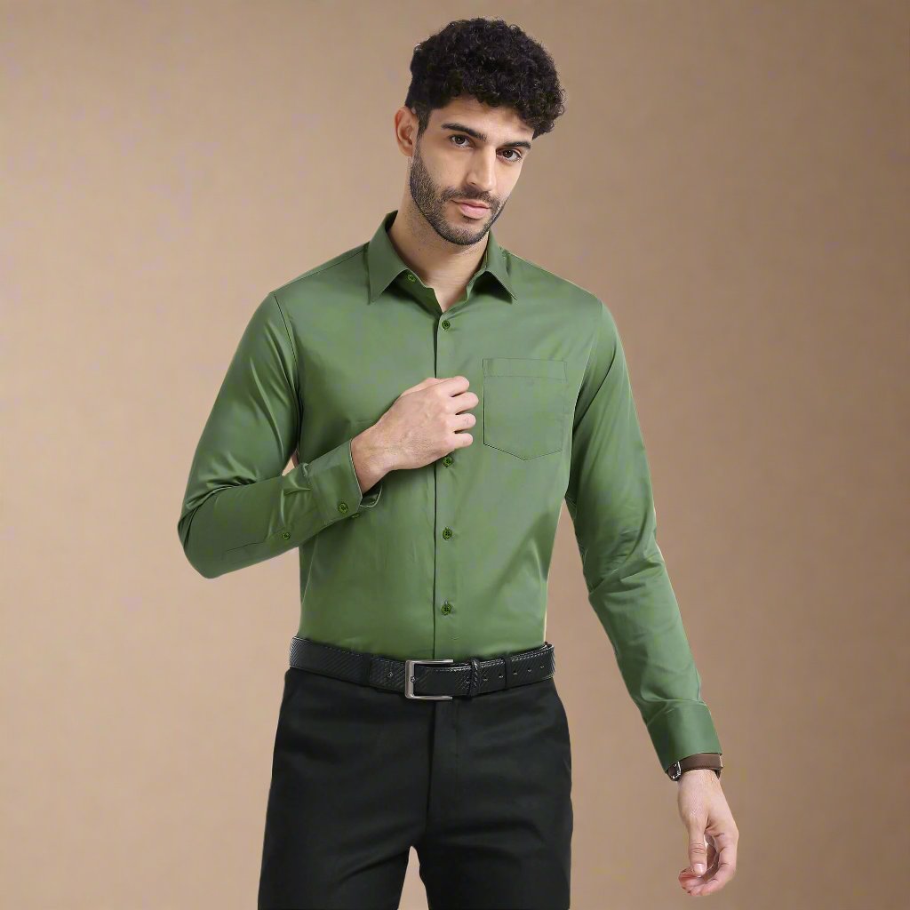 Cambridge Giza Cotton Shirt In Grass Green Grass green shirt on hanger by TFC