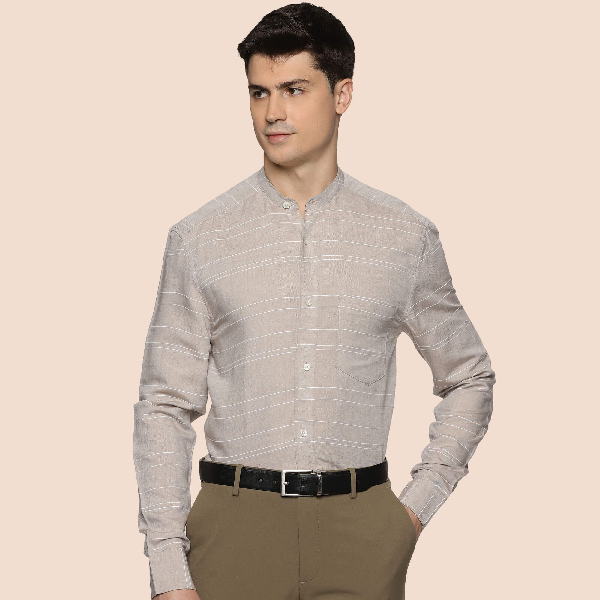 Skyline Stripes Mandarin Shirt In Grey Grey Mandarin Shirt for Men For Men By TFC