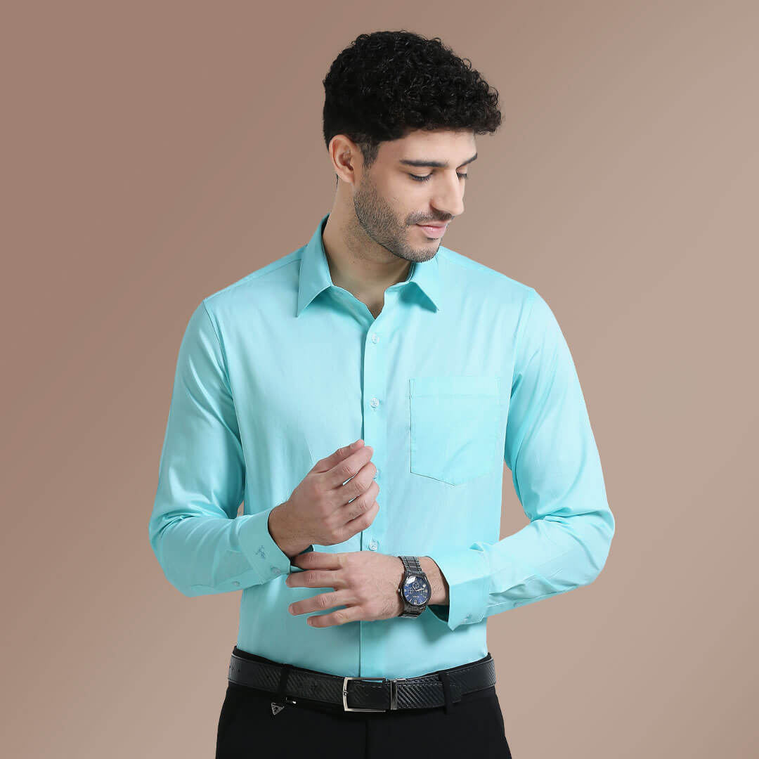 Cambridge Giza Cotton Shirt In Fresh Aqua Aqua shirt with sateen weave by TFC