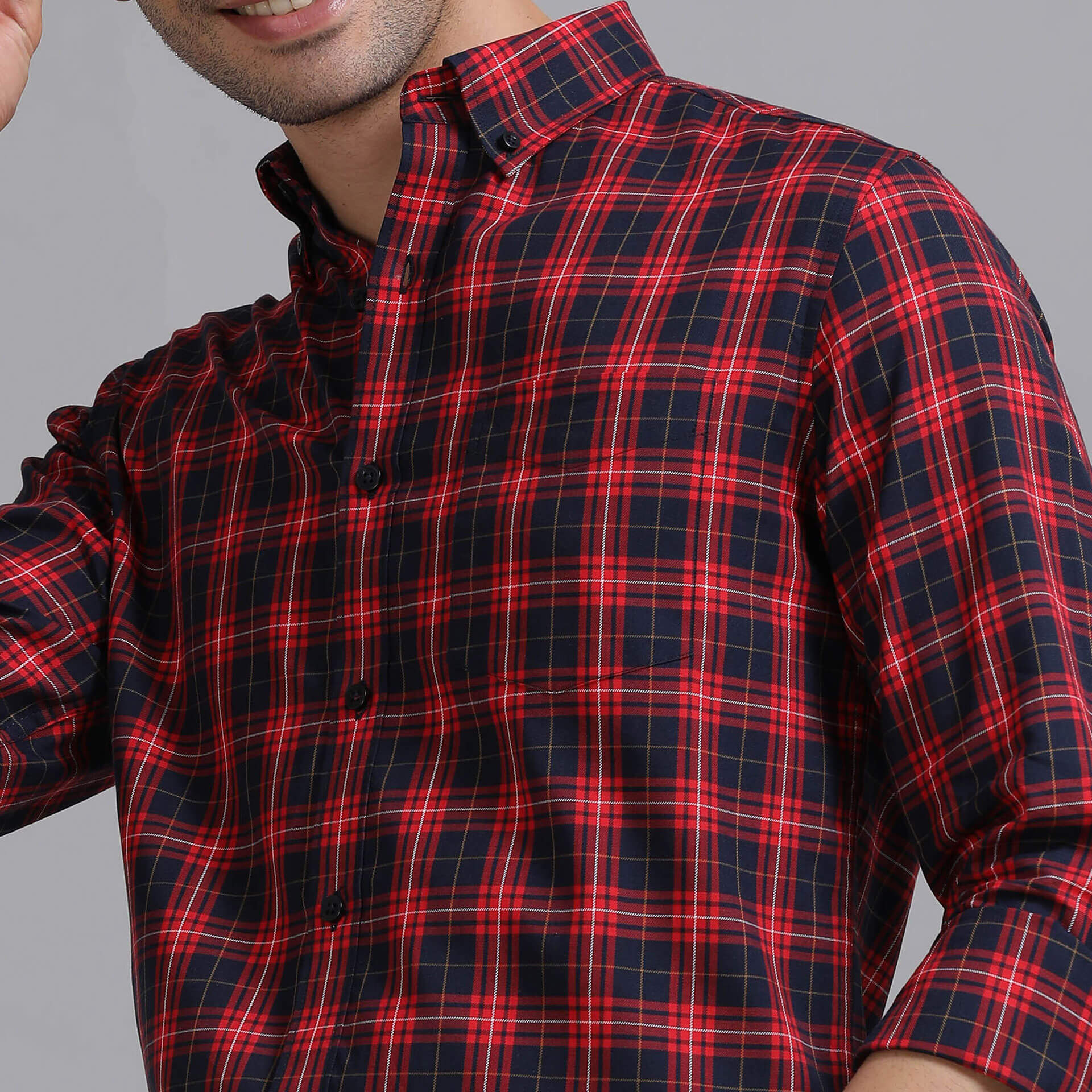 Marco Checks Shirt In Navy & Red Elegant cotton tartan Marco Check Shirt for men by TFC