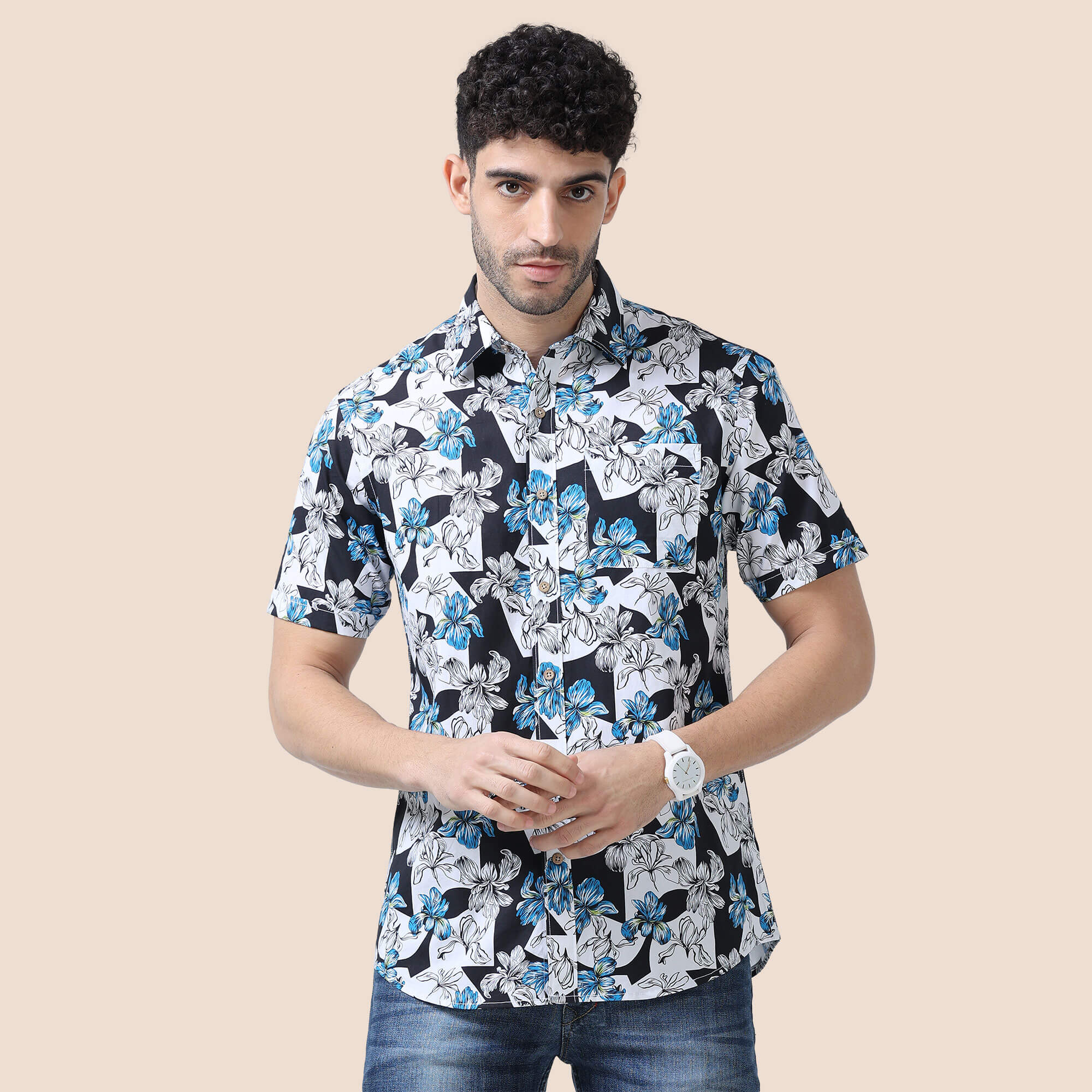 Ashley Cotton Half Sleeves Shirt In Black/ Blue Floral Print Ashley black floral cotton shirt by TFC