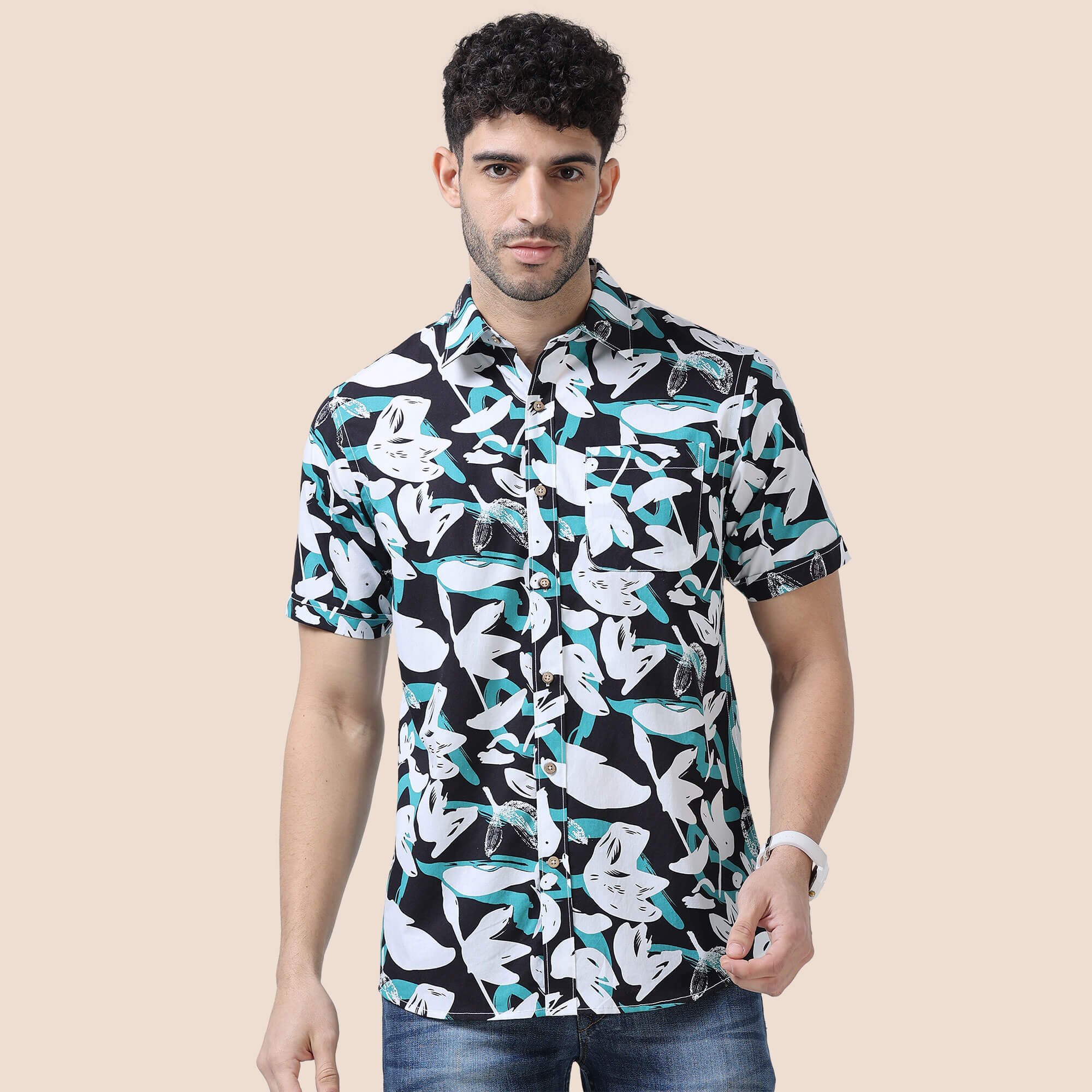Ashley Cotton Half Sleeves Shirt In Teal / Black Abstract Print Ashley teal black abstract cotton shirt by TFC