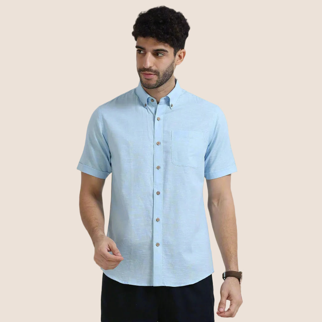 Powder blue linen half sleeve shirt by TFC