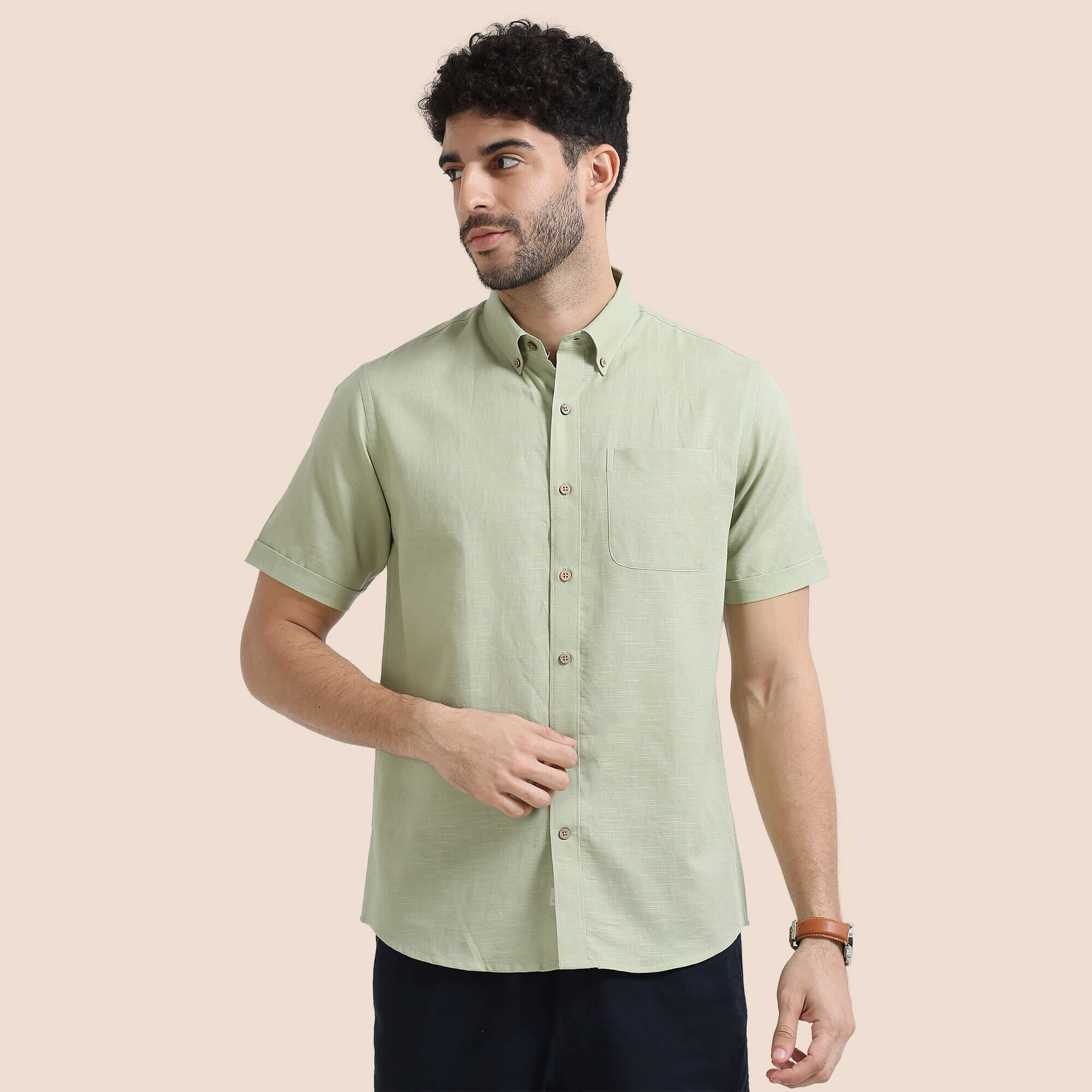 Breeze Linen Half Sleeves Shirt In Grass Grass green linen half-sleeve shirt by TFC