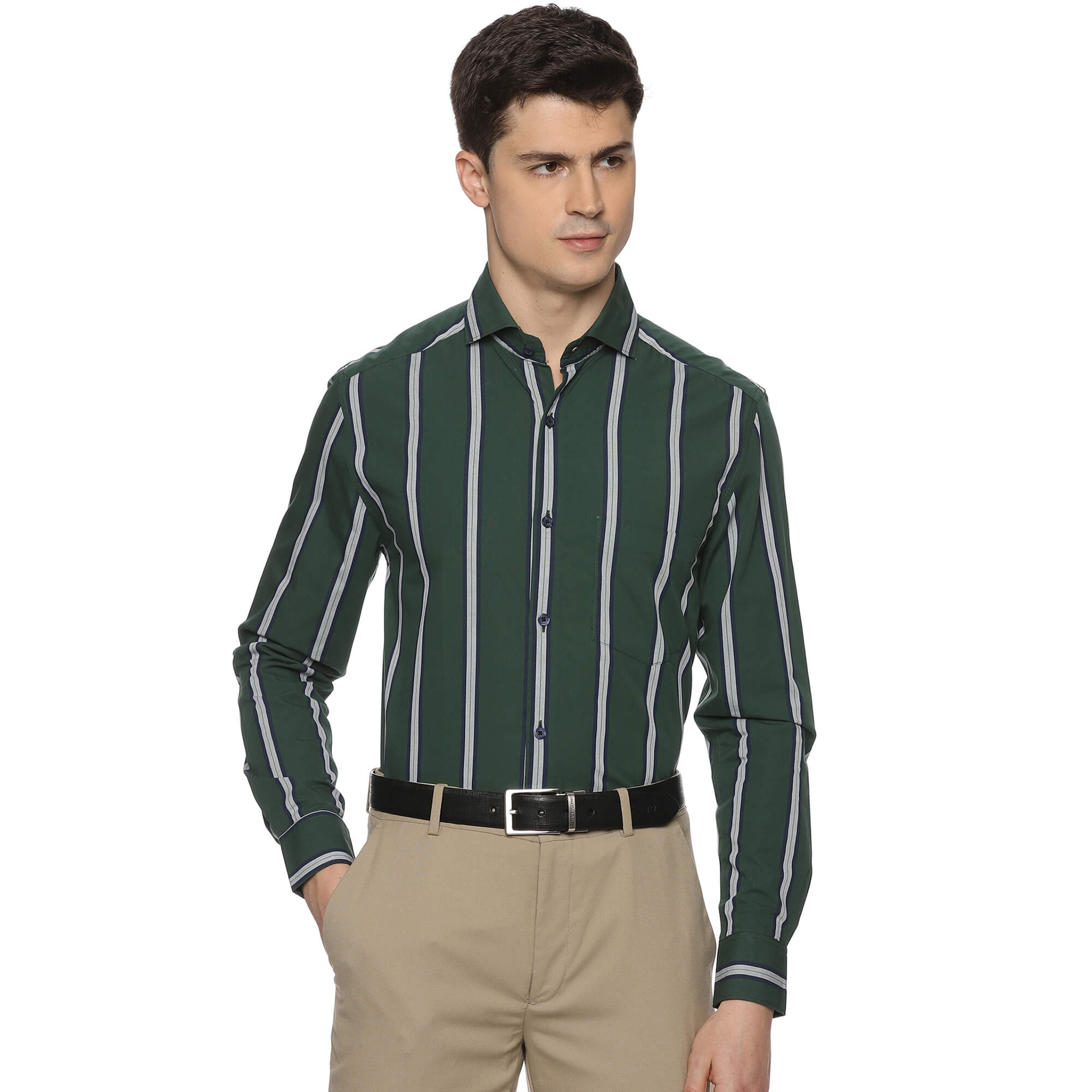 Skyline Cotton Stripes Shirt In Dark Green - The Formal Club