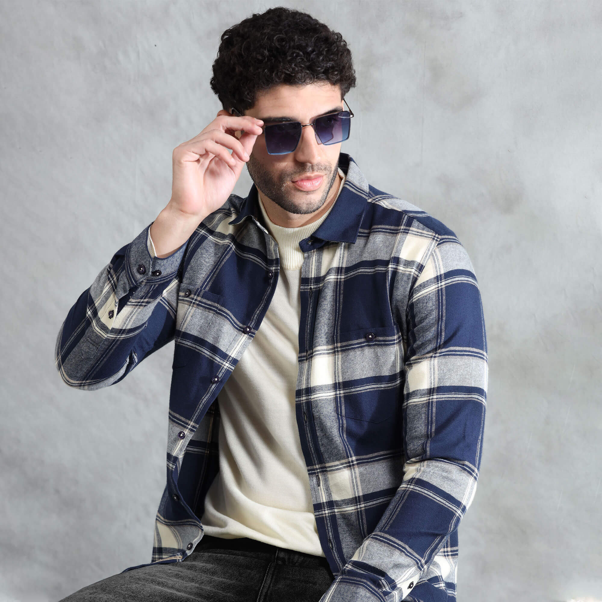 Lumber Flannel Check Shirt In Midnight Blue Check shirt with chest pockets by TFC