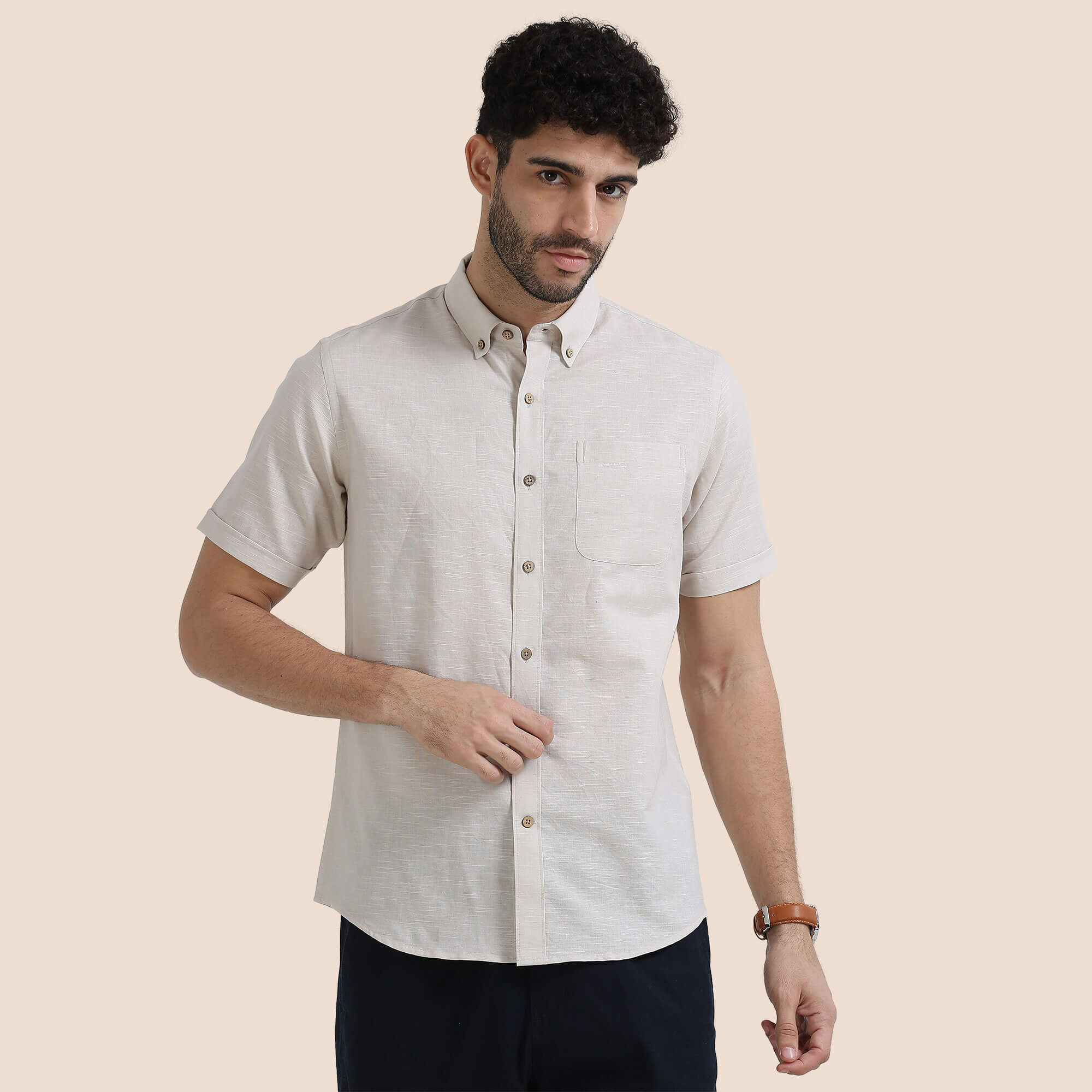 Breeze Linen Half Sleeves Shirt In Sand Breeze linen half-sleeve shirt in sand by TFC