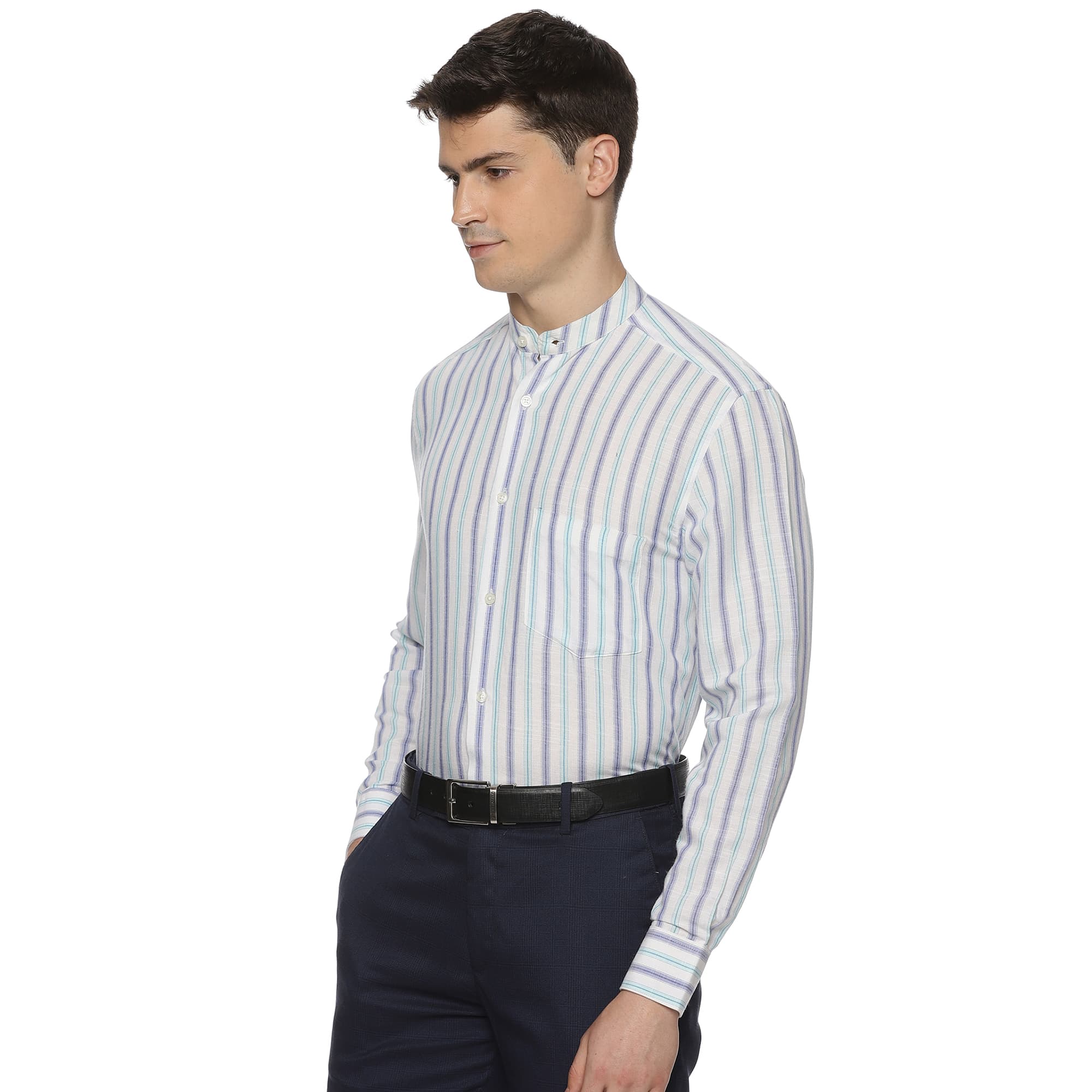 Luna Linen Stripes Shirt In White Luna Shirt with Mandarin Collar By TFC