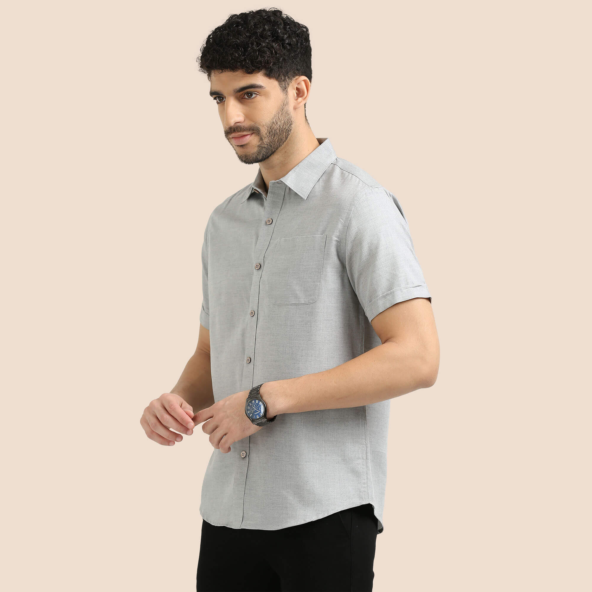 Woods Lyocell Half Sleeves Shirt In Grey Melange Back View of Grey Lyocell Shirt by TFC