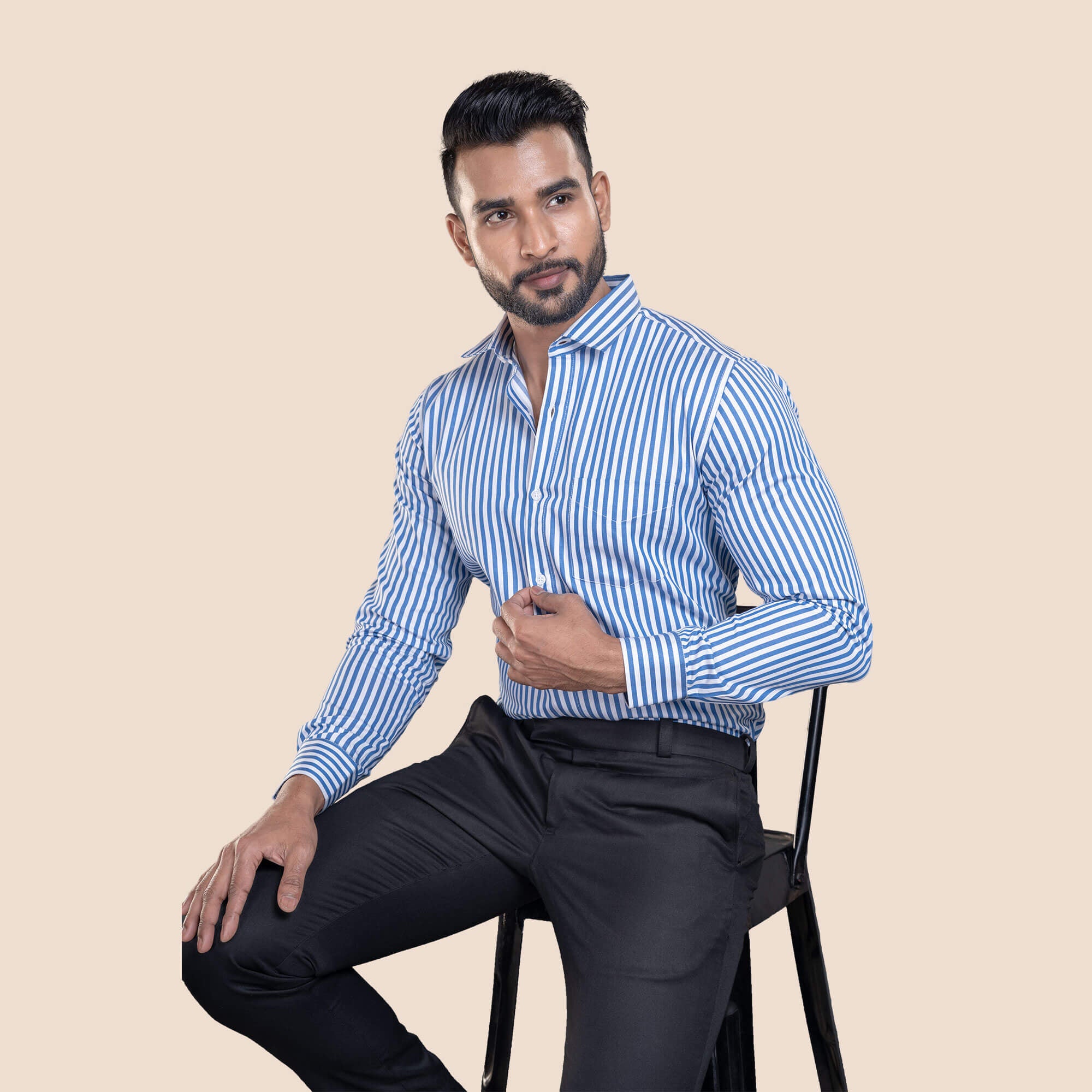 Skyline Stripe Shirt In Blue Smart Fit Regular Fit Blue Shirt by TFC