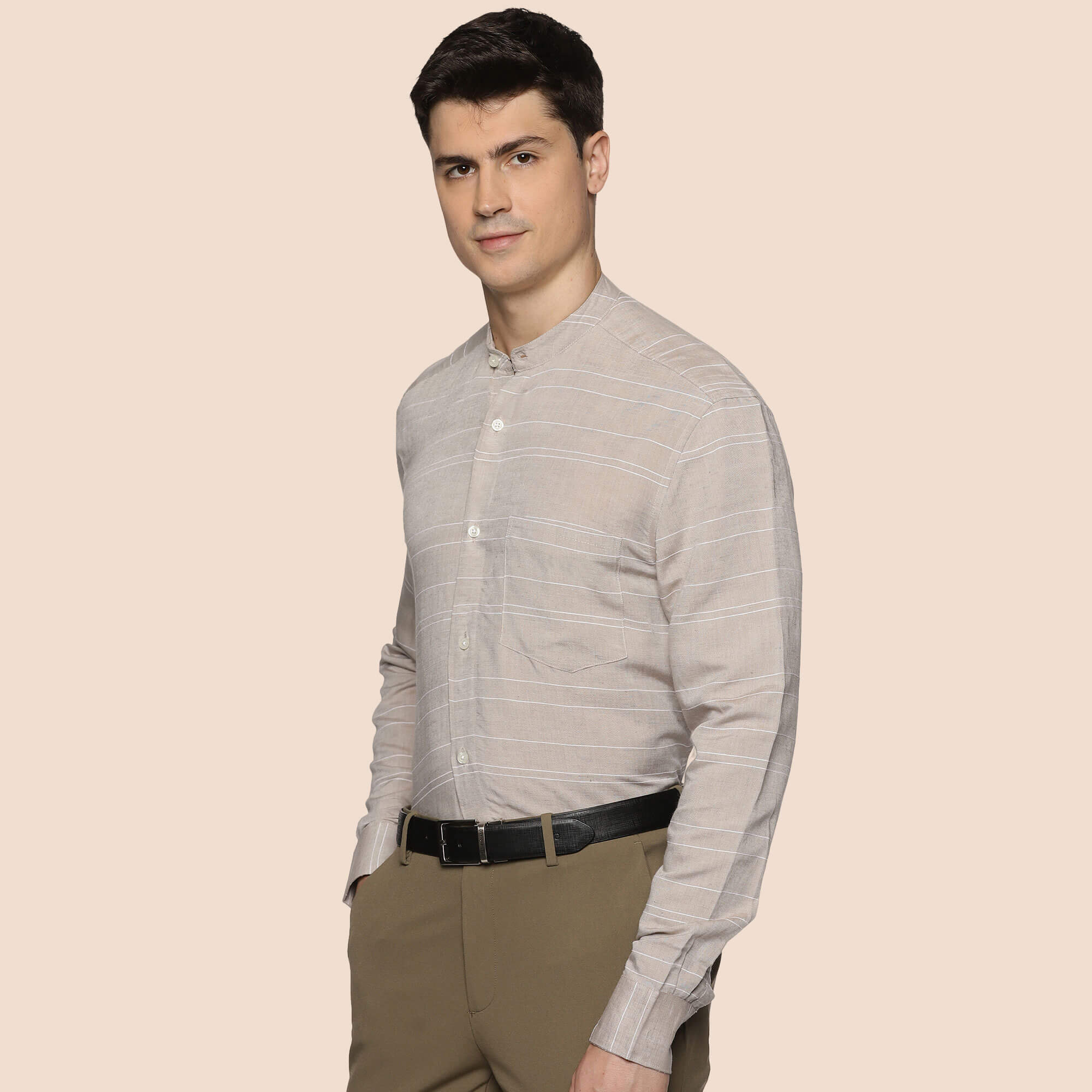 Skyline Stripes Mandarin Shirt In Grey Stylish Grey Office Shirt For Men By TFC