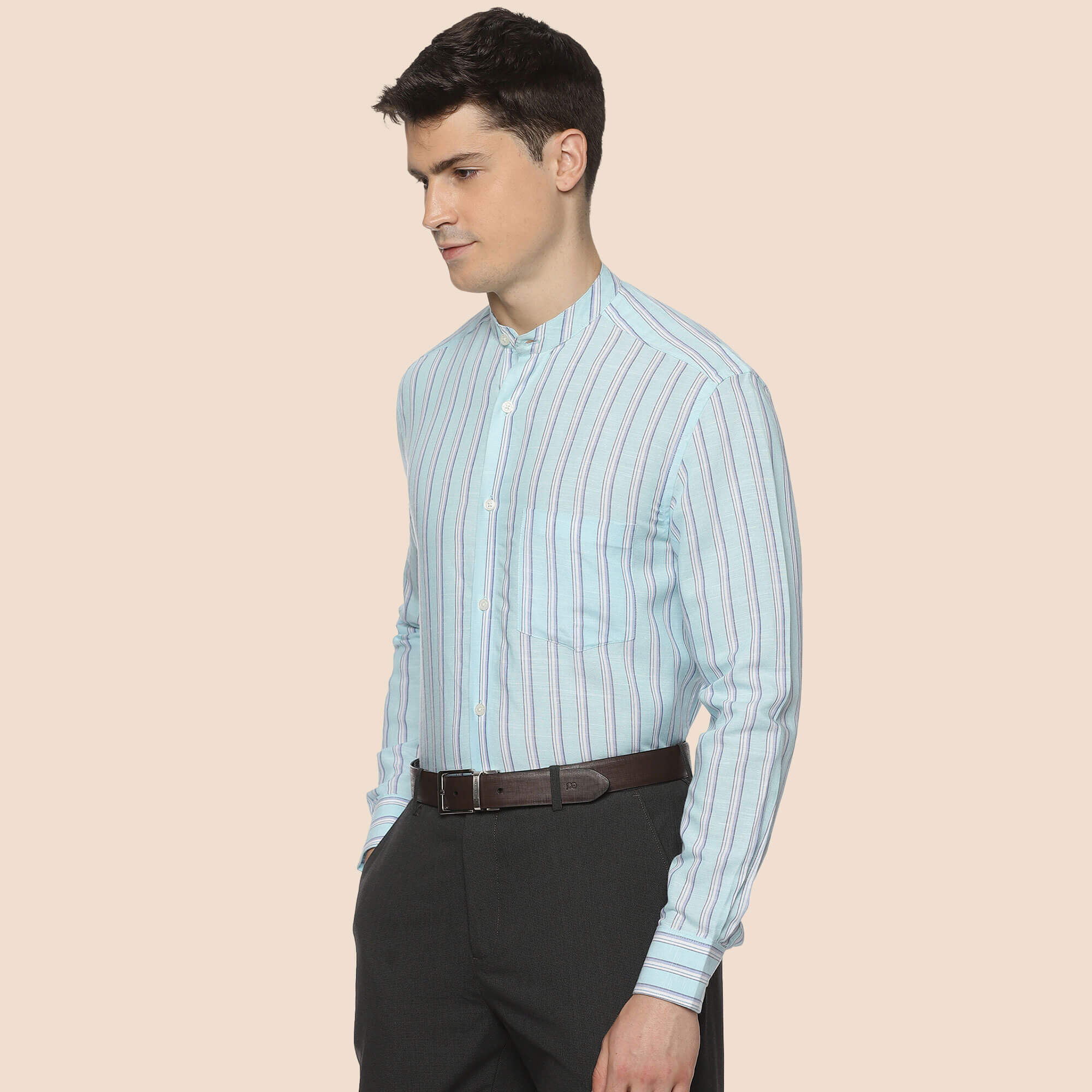 Luna Linen Stripes Shirt In Sky Blue Mandarin collar linen shirt by TFC