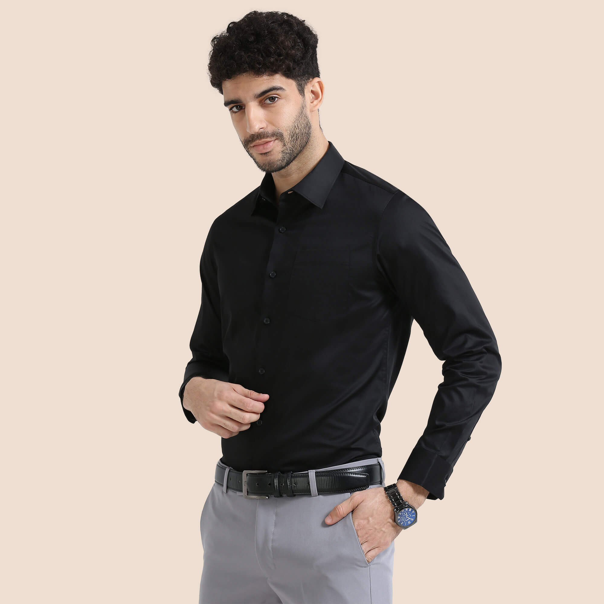 Cambridge Giza Cotton Shirt In Raven Long Sleeve Raven Shirt by TFC