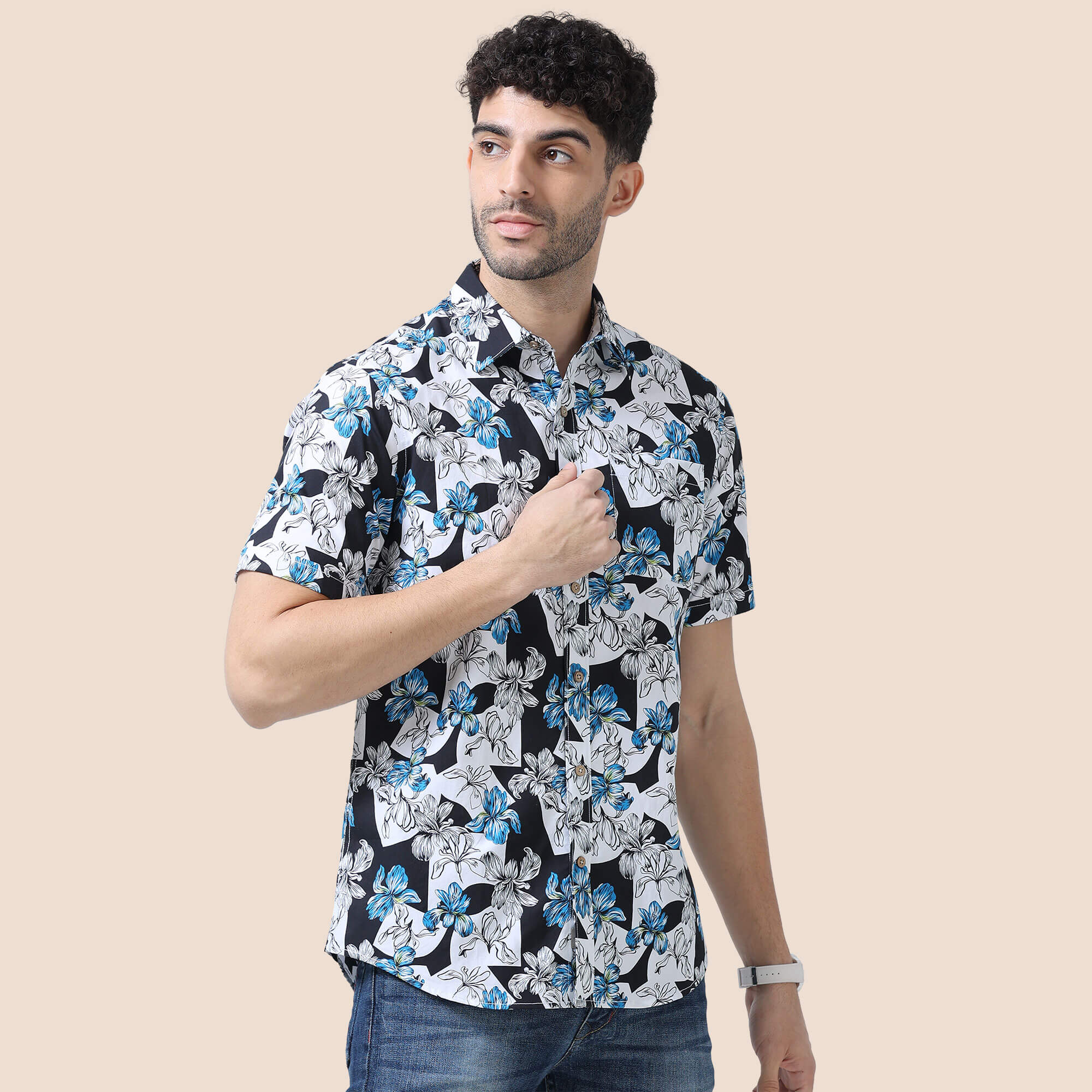 Ashley Cotton Half Sleeves Shirt In Black/ Blue Floral Print Half sleeve floral cotton shirt by TFC