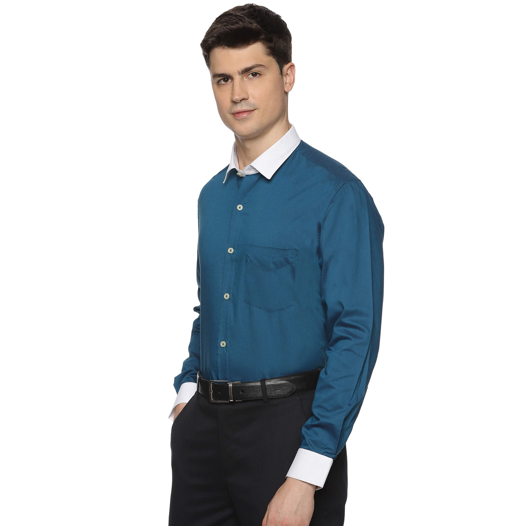 White Collar Full Sleeves Solid Shirt In Dark Teal Formal Dark Teal Shirt with White Collar Shirt By TFC