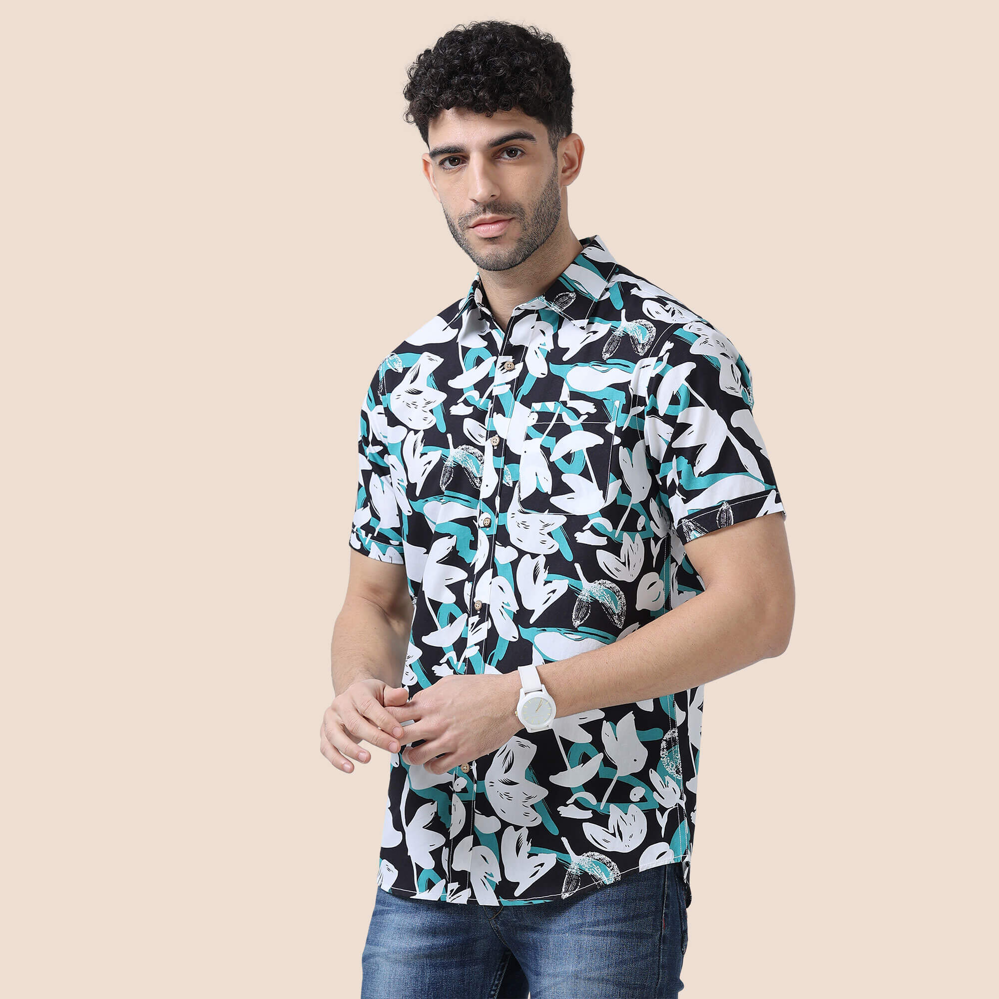 Ashley Cotton Half Sleeves Shirt In Teal / Black Abstract Print Summer 2024 Ashley shirt collection by TFC