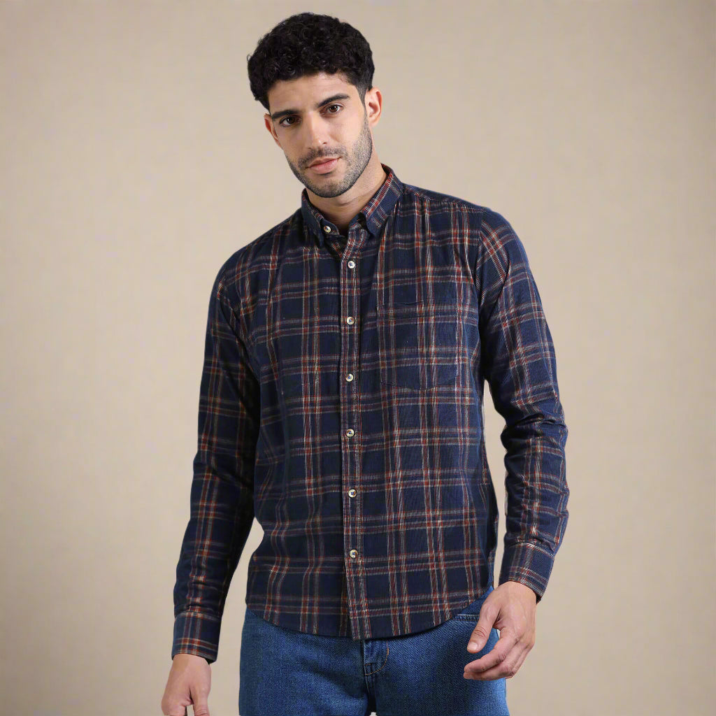 Cruise Checks Corduroy Shirt In Navy Cuffed sleeve detail of Cruise Checks Corduroy Shirt by TFC