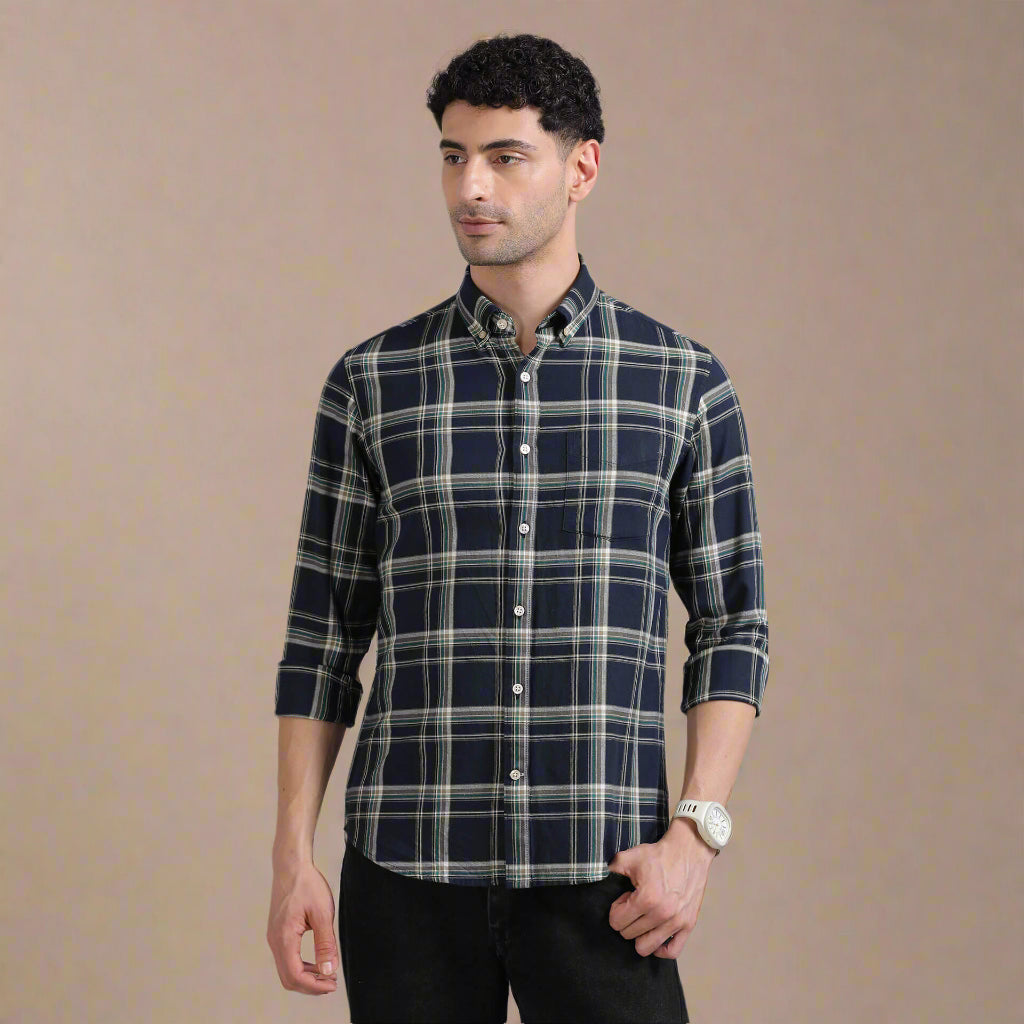 Marco Checks Shirt In Navy & Sage Buy Marco Checks Shirt Navy Sage in TFC