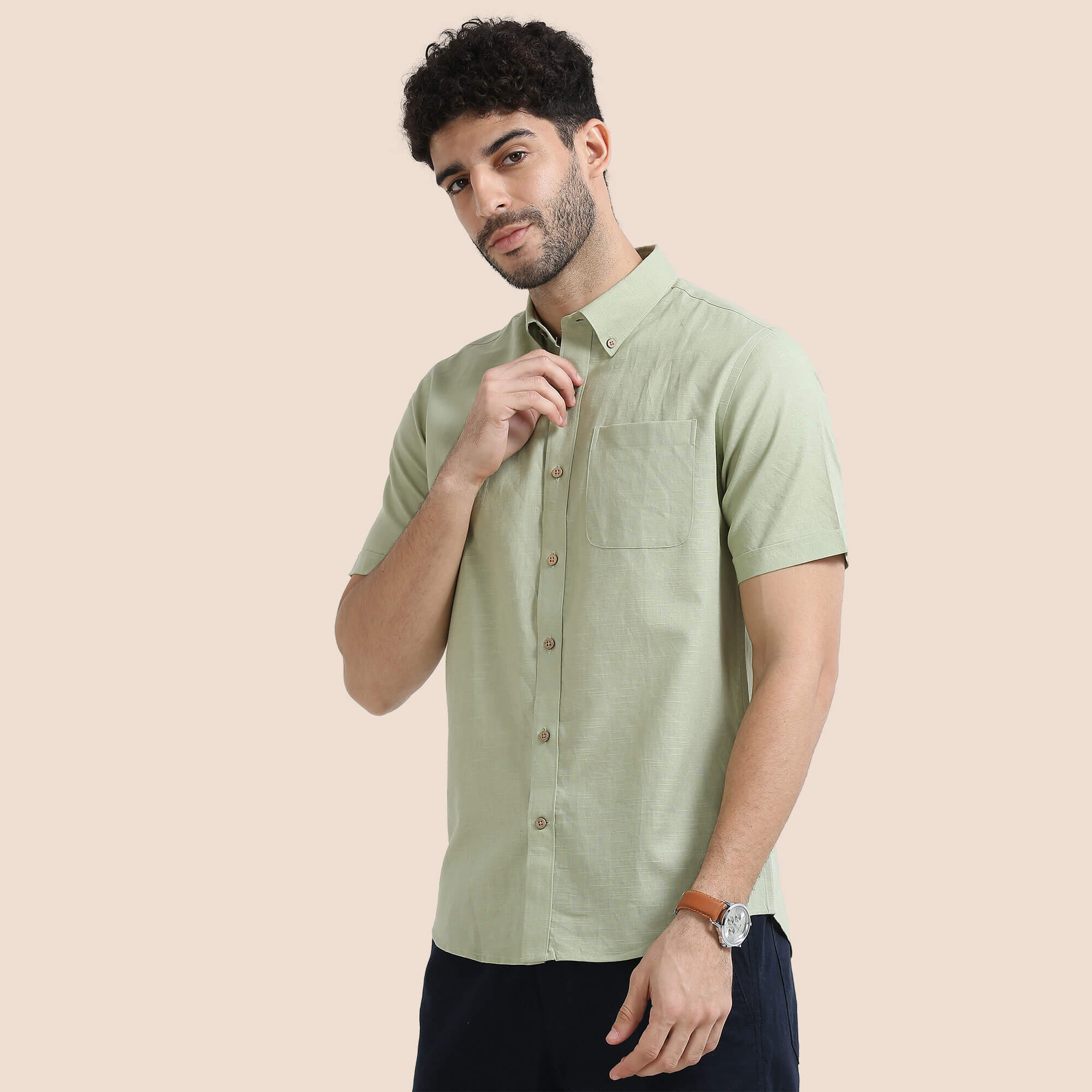 Breeze Linen Half Sleeves Shirt In Grass Smart casual linen shirt in green by TFC
