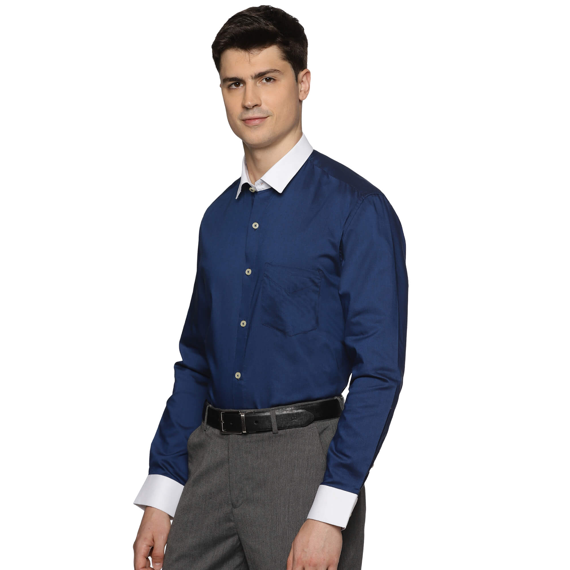 White Collar Full Sleeves Solid Shirt In Navy Blue Navy blue oxford weave shirt for men By TFC