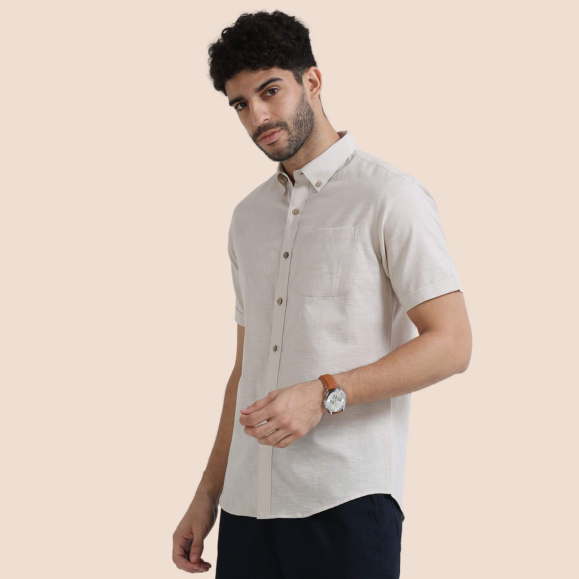 Breeze Linen Half Sleeves Shirt In Sand Natural coconut shell button shirt by TFC