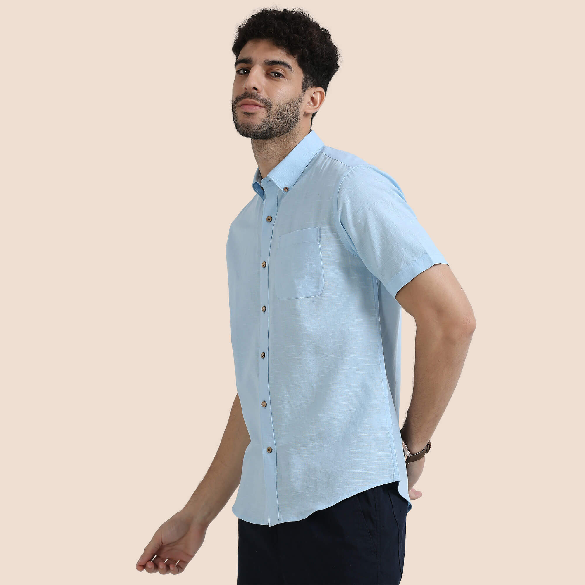 Breeze Linen Half Sleeves Shirt In Powder Blue Elegant woven texture shirt by TFC