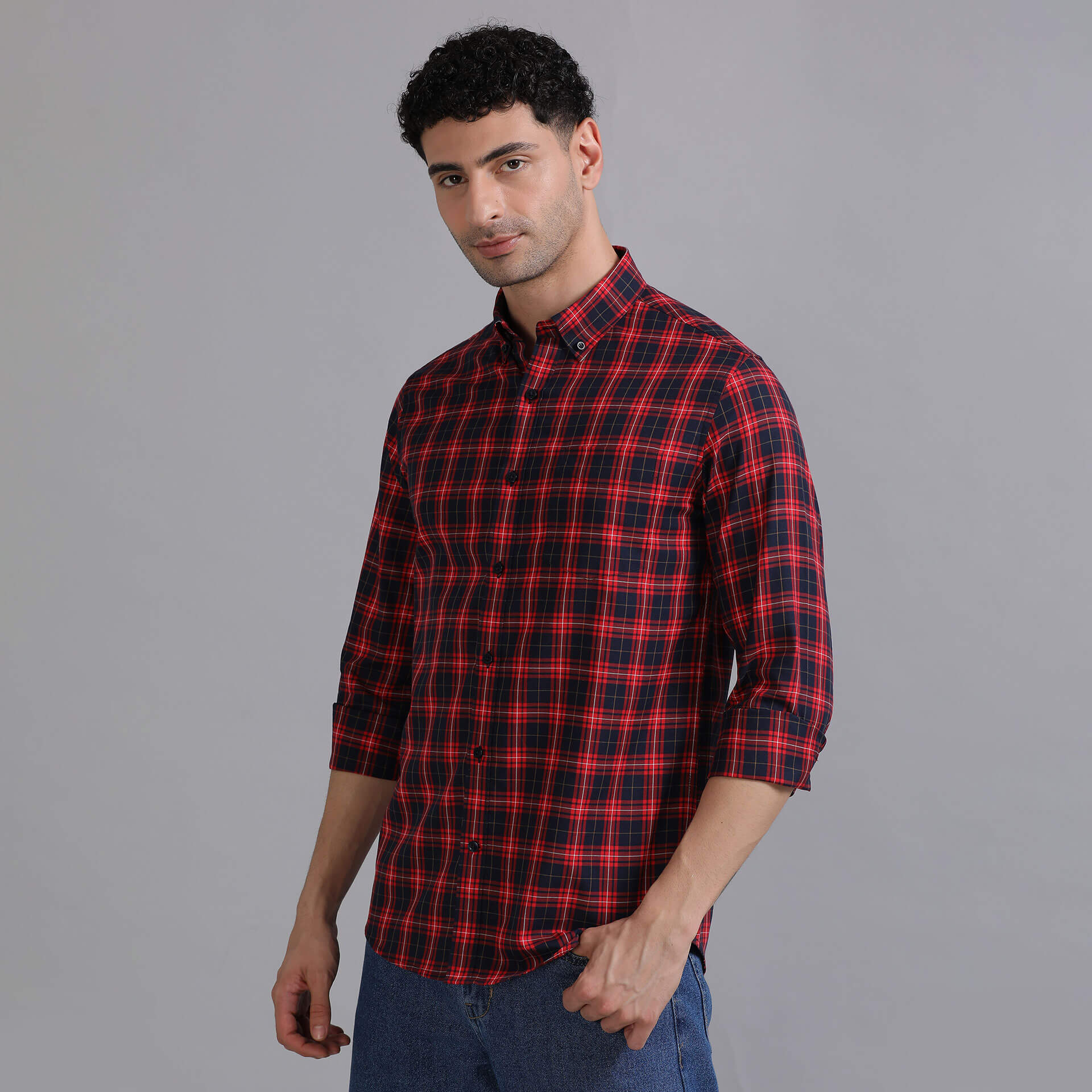 Marco Checks Shirt In Navy & Red Marco Check Shirt in navy and red tartan pattern by TFC