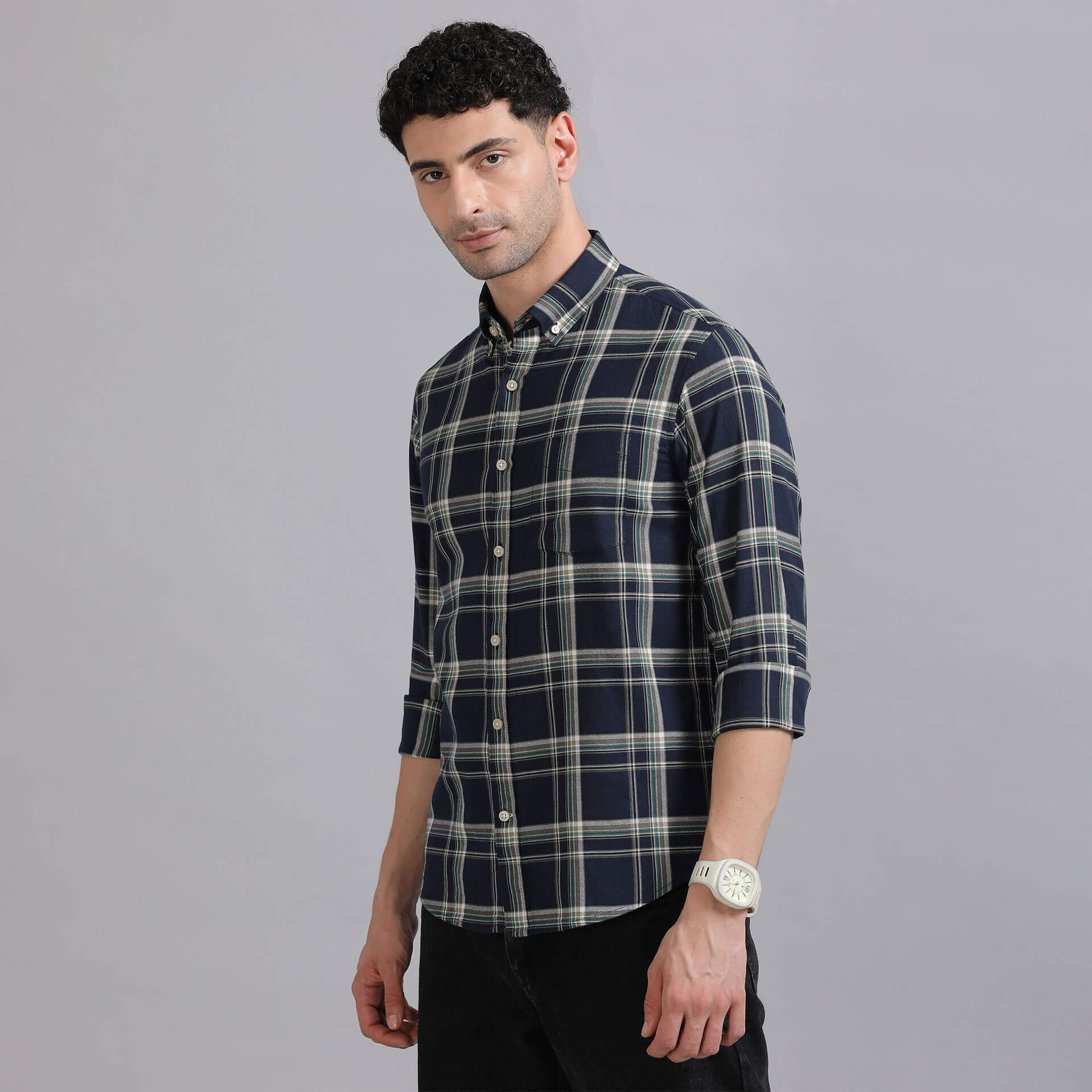 Marco Checks Shirt In Navy & Sage Marco Checks Shirt in Navy Sage by TFC