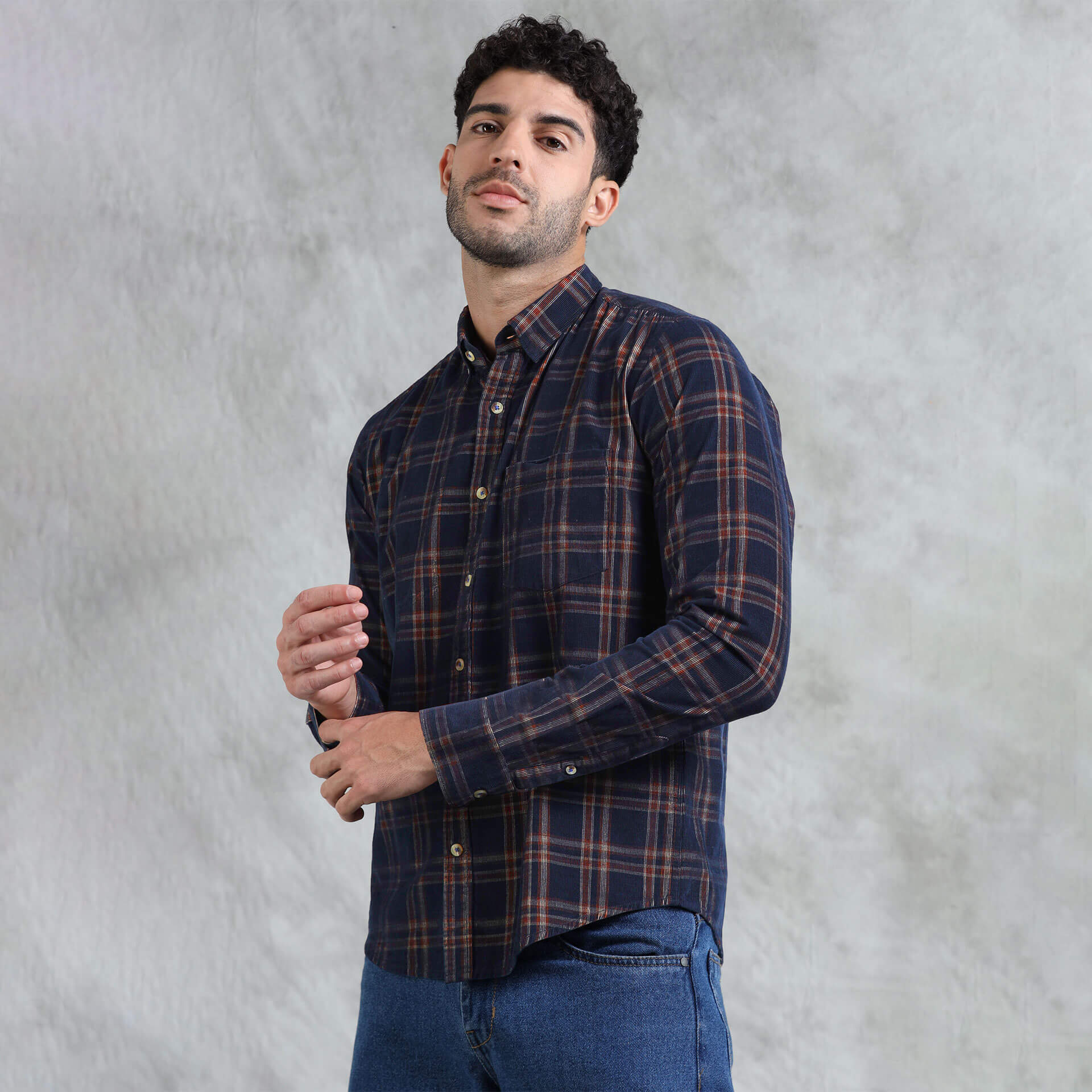 Cruise Checks Corduroy Shirt In Navy Classic fit navy corduroy shirt with full sleeves by TFC