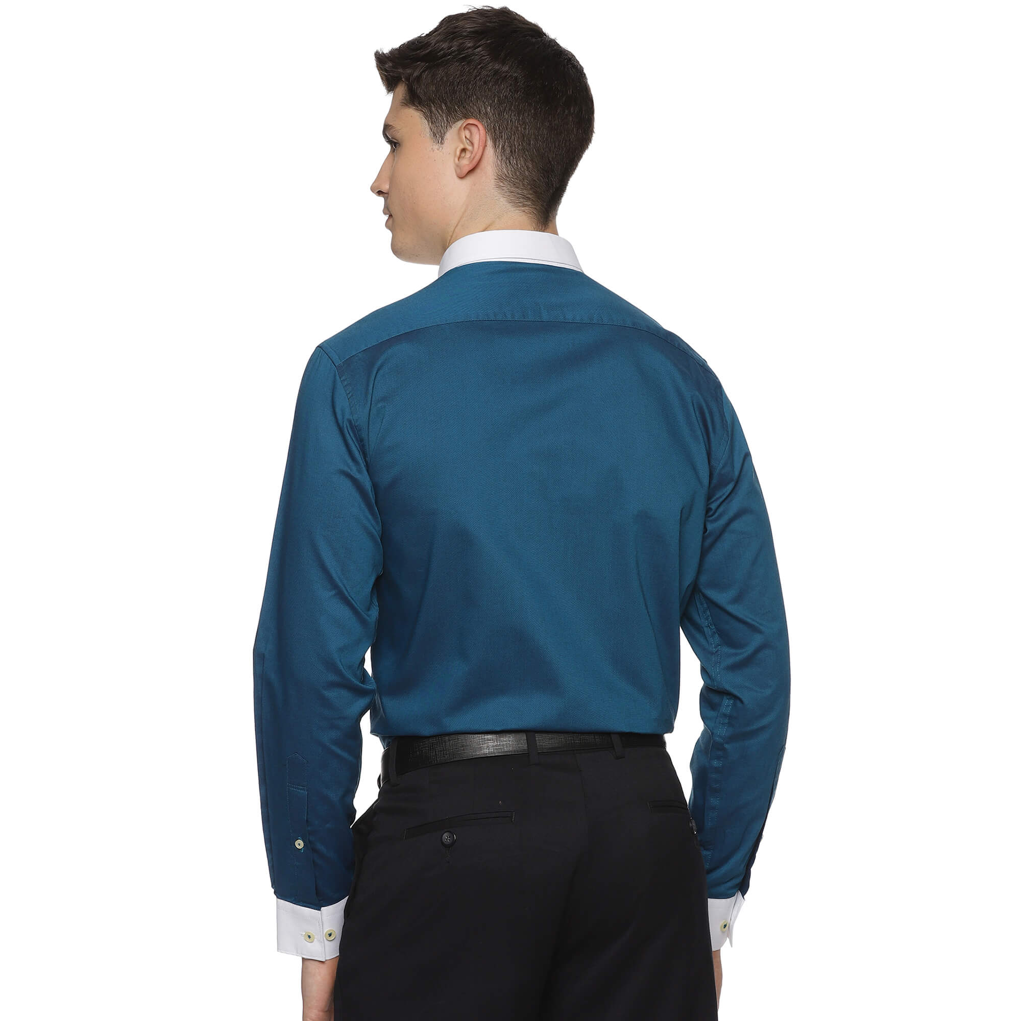 White Collar Full Sleeves Solid Shirt In Dark Teal White Collar Contrast Cuff Dark Teal Shirt For Men By TFC