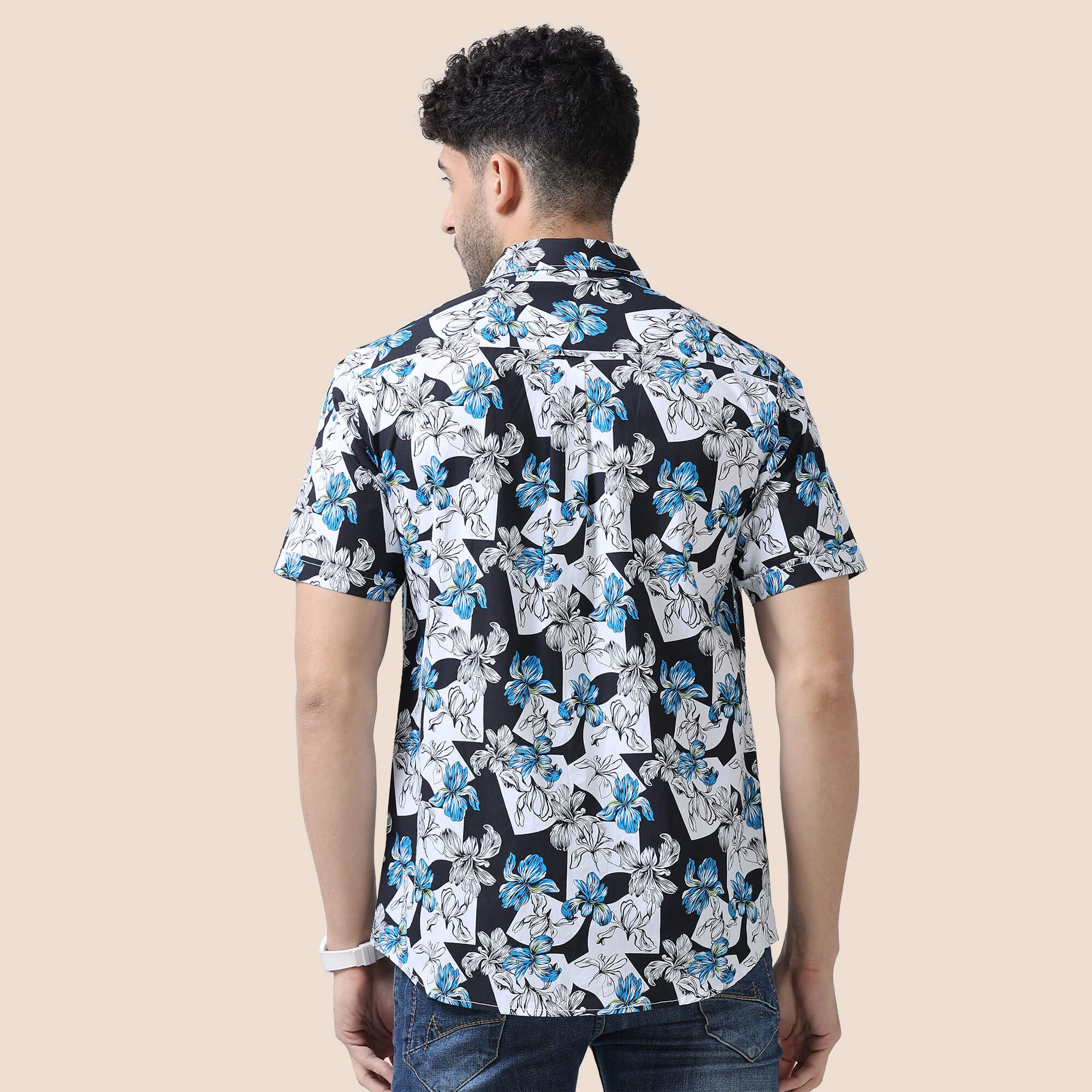 Ashley Cotton Half Sleeves Shirt In Black/ Blue Floral Print Blue floral print casual shirt by TFC