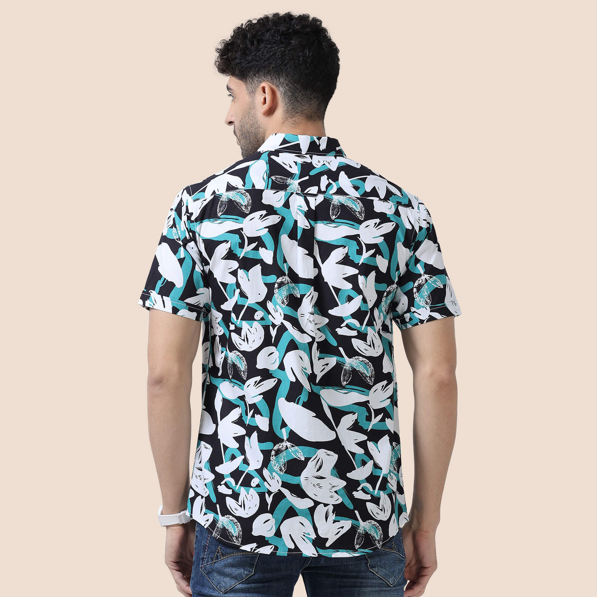 Ashley Cotton Half Sleeves Shirt In Teal / Black Abstract Print Premium cotton weekend shirt by TFC