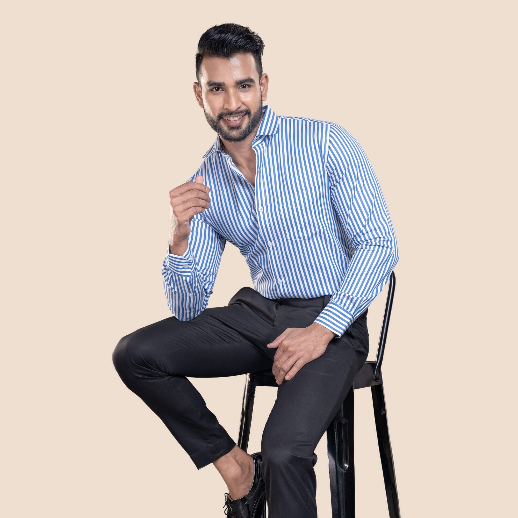 Skyline Stripe Shirt In Blue Smart Fit Men's Smart Fit Shirt by TFC