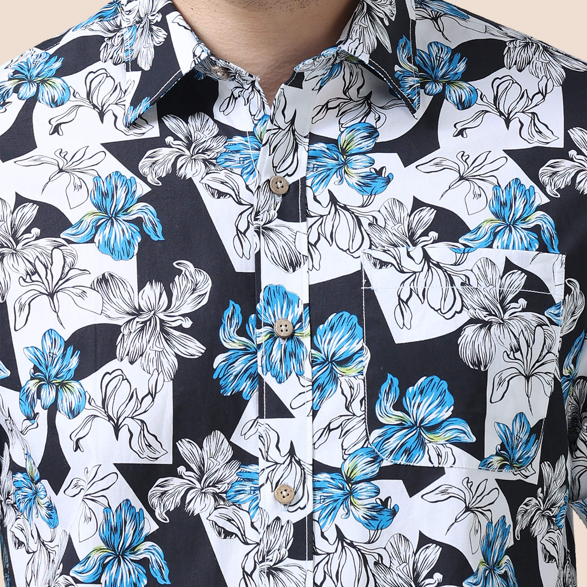 Ashley Cotton Half Sleeves Shirt In Black/ Blue Floral Print Men's black floral print shirt by TFC