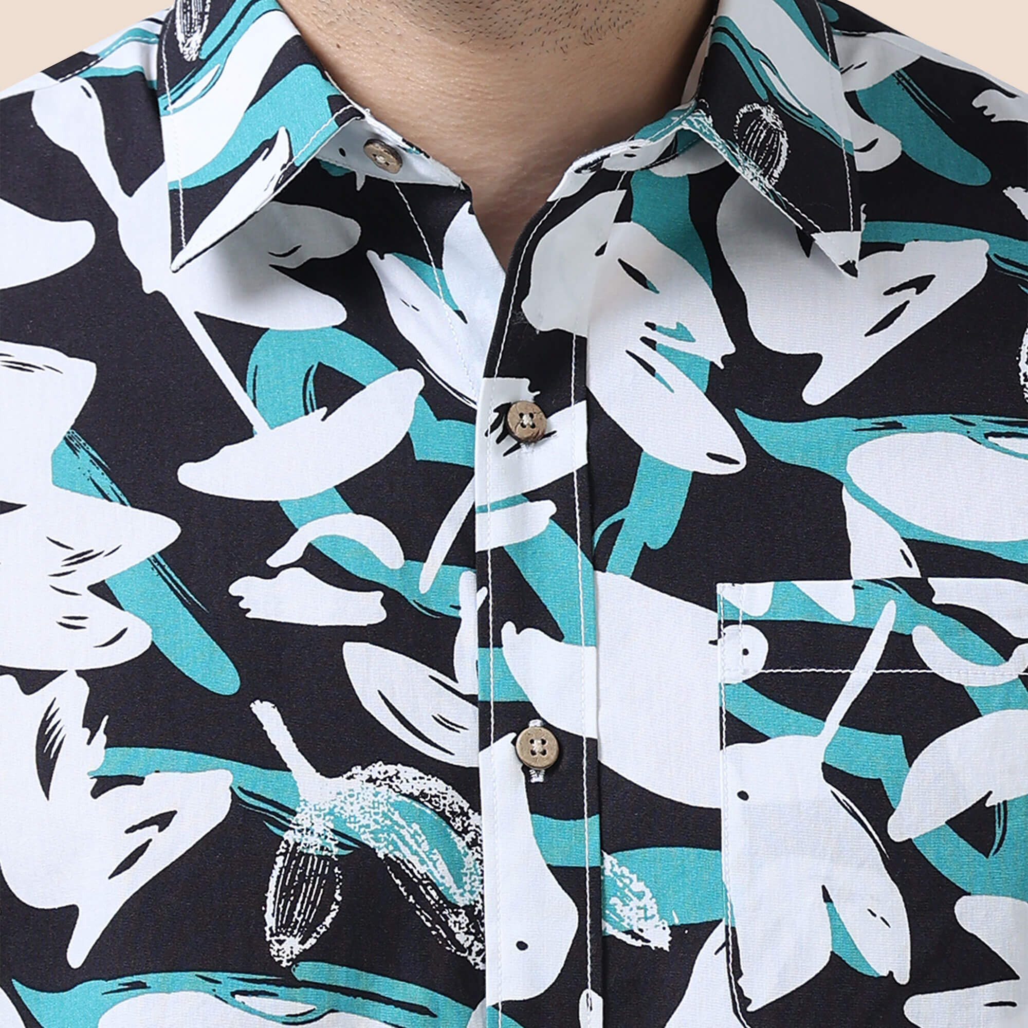 Ashley Cotton Half Sleeves Shirt In Teal / Black Abstract Print Teal abstract print casual shirt by TFC