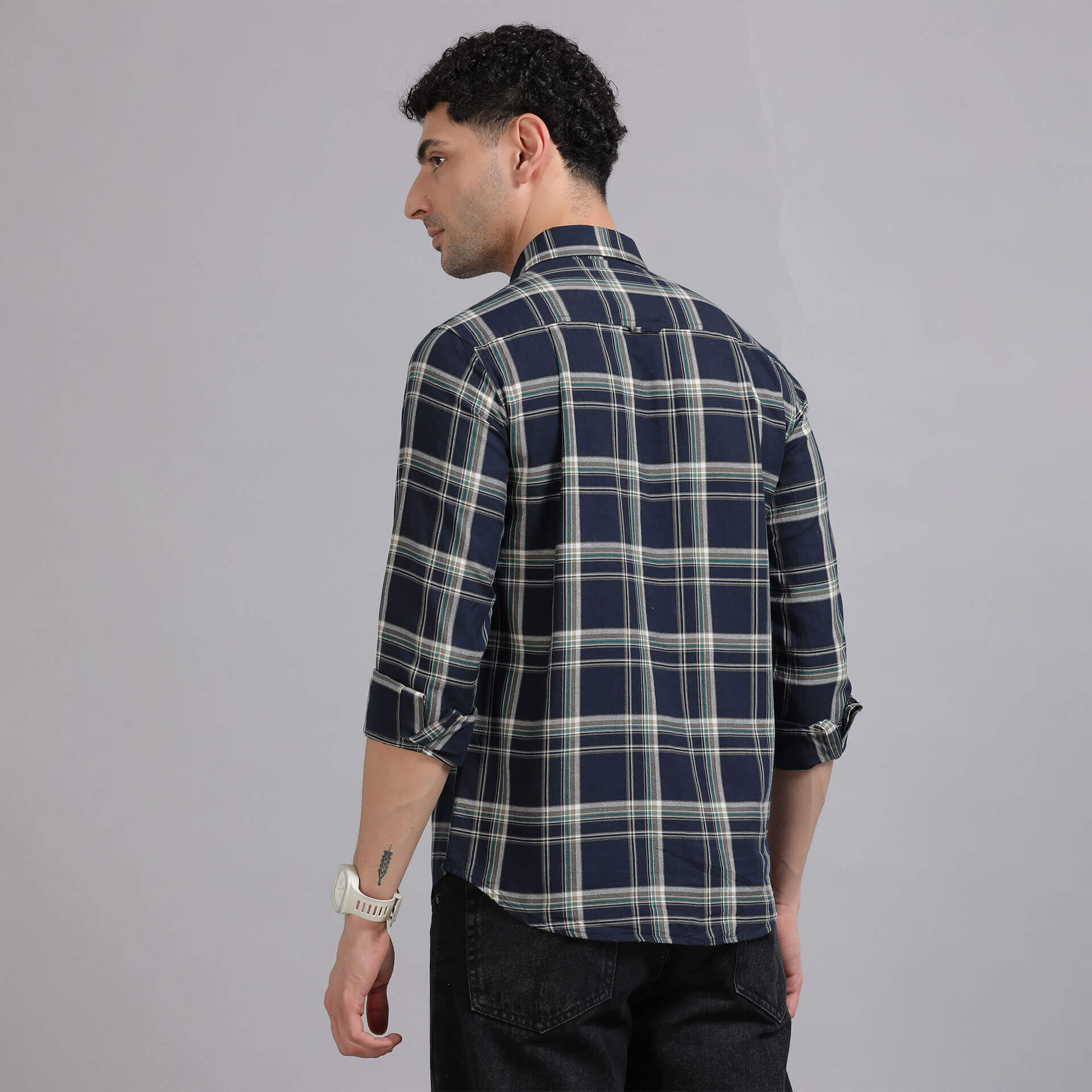 Marco Checks Shirt In Navy & Sage Navy Sage Marco Checks Shirt For Casual Elegance by TFC