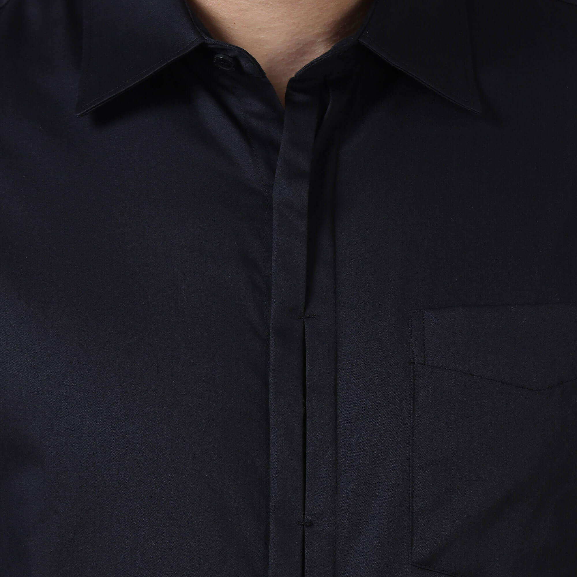 Alfred Black Shirt With Signature Concealed Placket Alfred black shirt cuff and sleeve detail by TFC