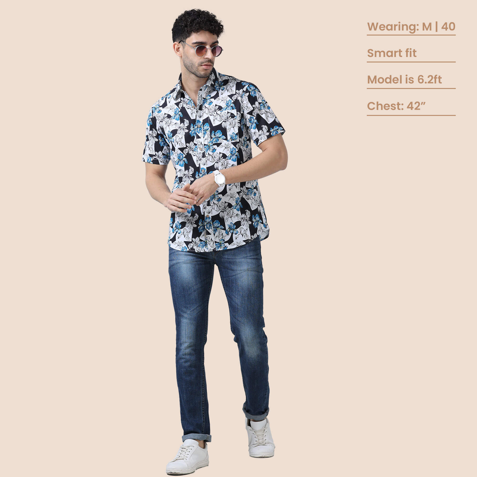 Ashley Cotton Half Sleeves Shirt In Black/ Blue Floral Print Soft cotton weekend shirt by TFC