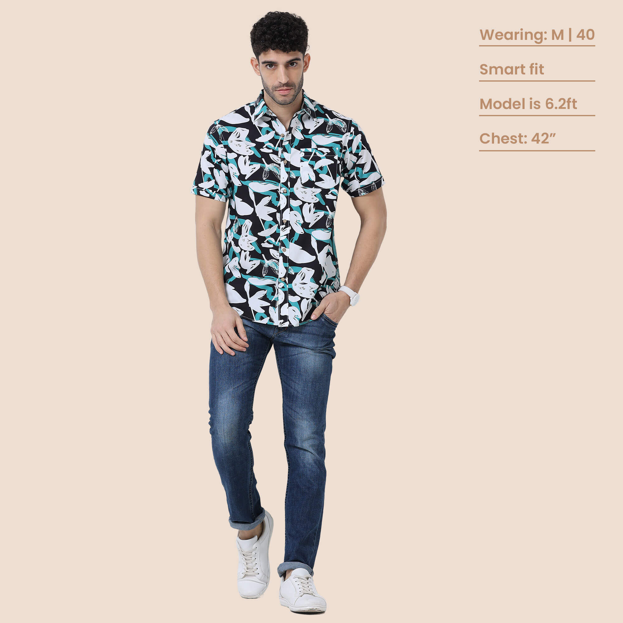 Ashley Cotton Half Sleeves Shirt In Teal / Black Abstract Print Men’s bio-wash soft cotton shirt by TFC