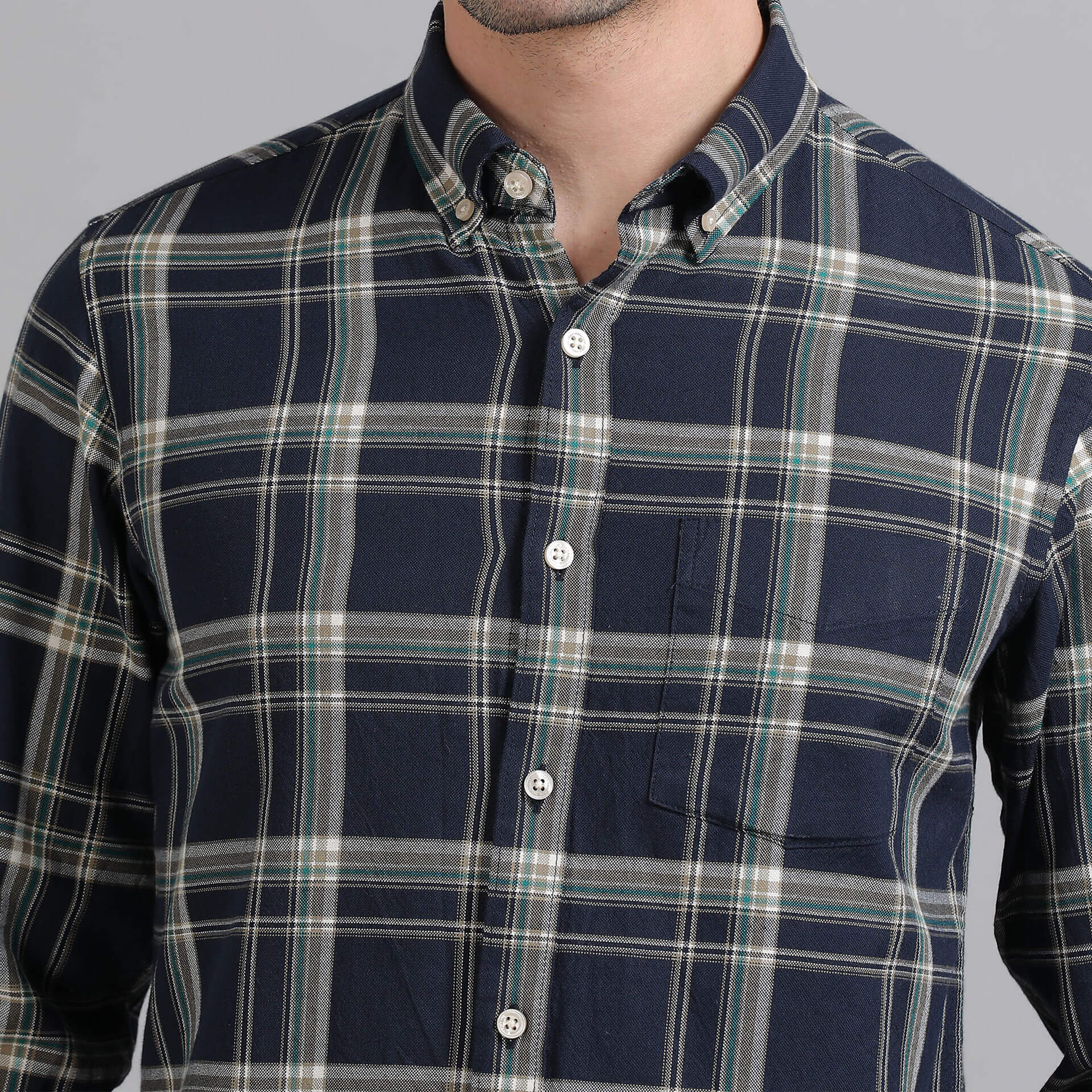 Marco Checks Shirt In Navy & Sage Navy Sage Marco Checks Shirt by TFC