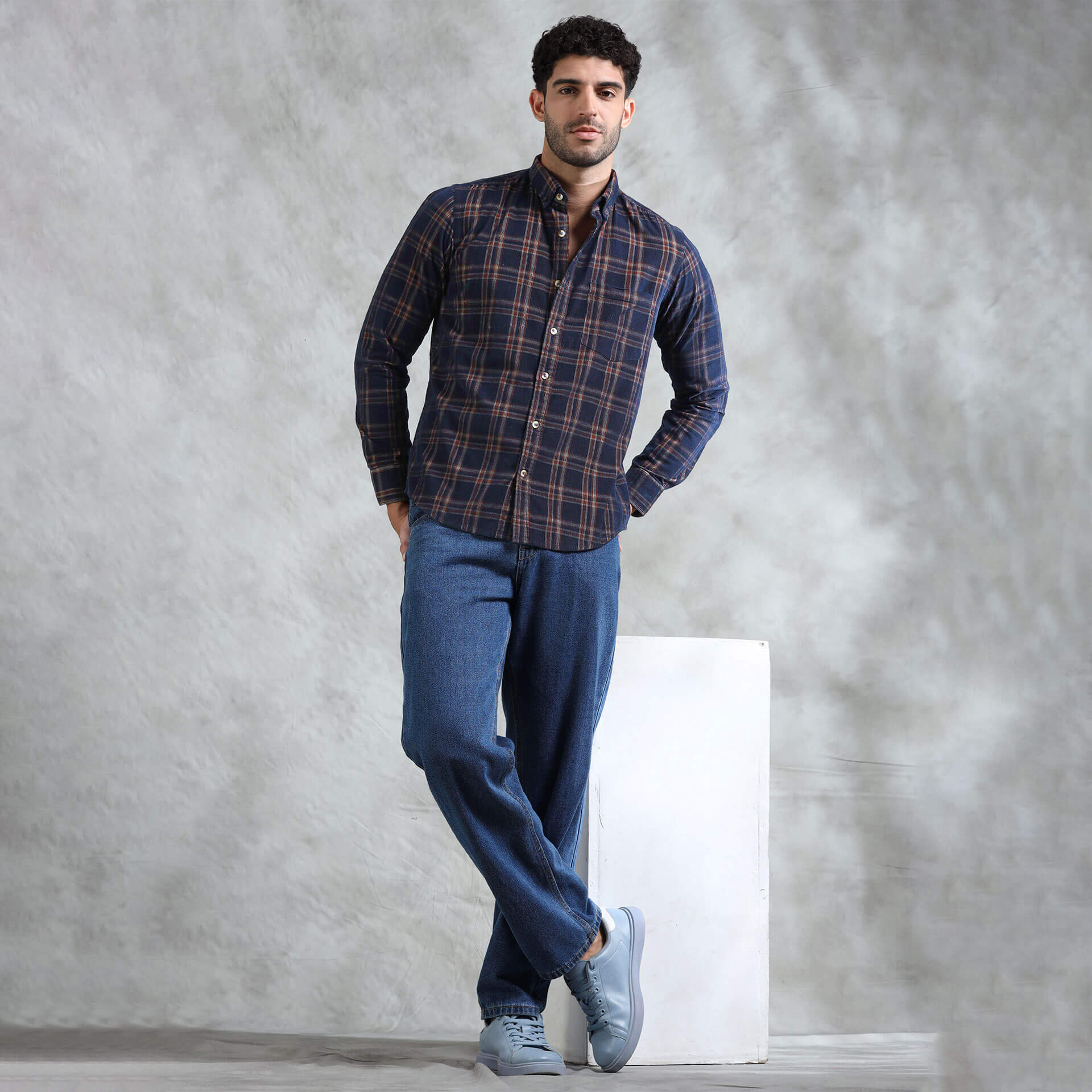 Cruise Checks Corduroy Shirt In Navy Elegant navy shirt made from premium corduroy by TFC